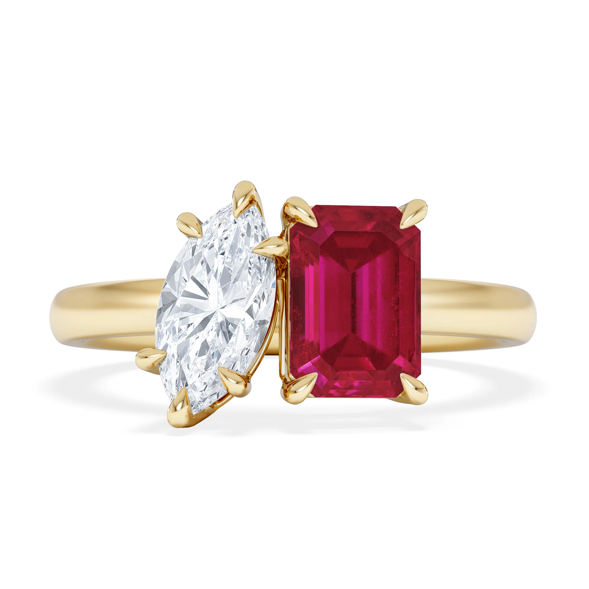 Toi Et Moi 1.50ct Marquise Lab Diamond and 3.30ct Emerald Cut Lab Ruby Engagement Ring in 18K Yellow Gold - Image 7