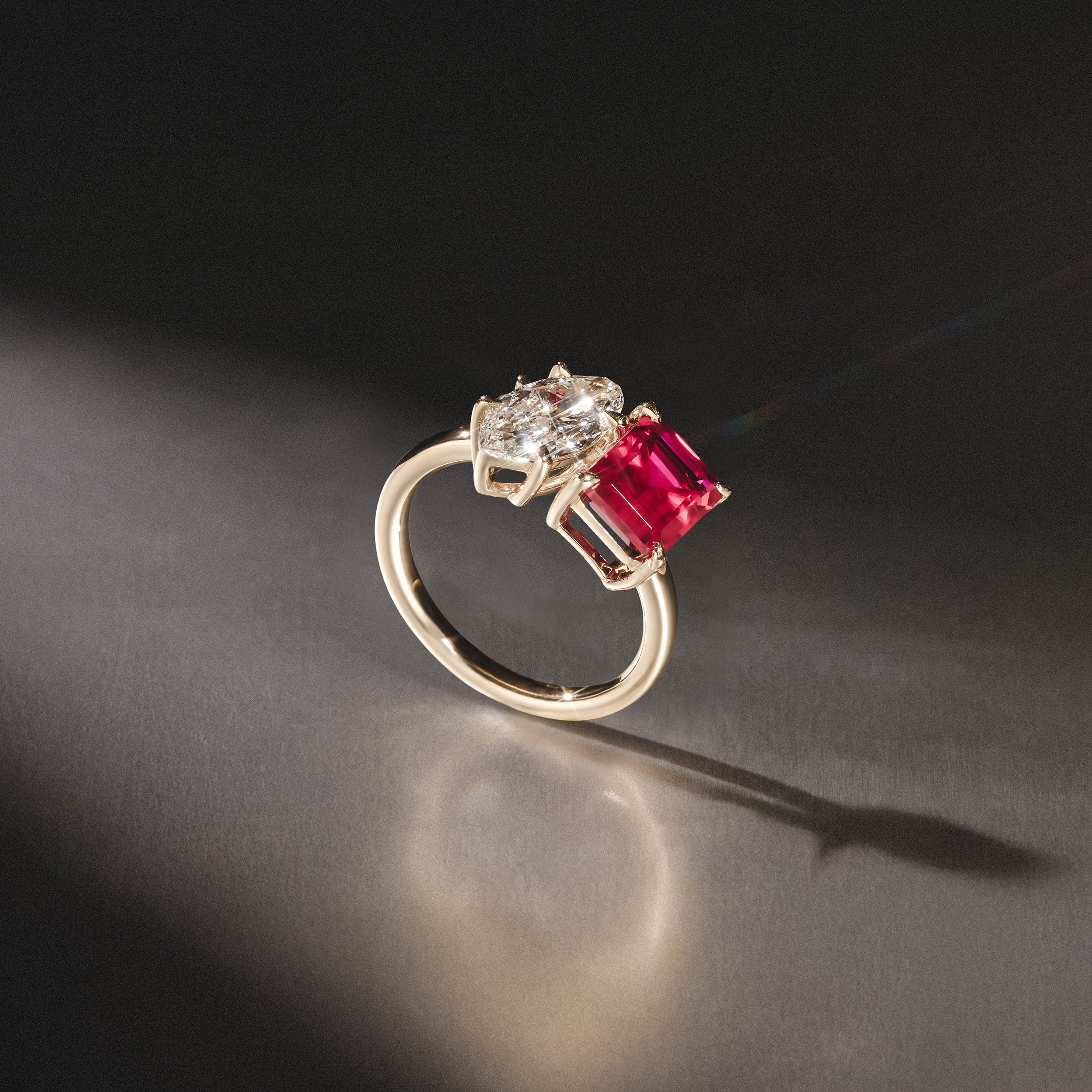 Toi Et Moi 1.50ct Marquise Lab Diamond and 3.30ct Emerald Cut Lab Ruby Engagement Ring in 18K Yellow Gold - Image 8
