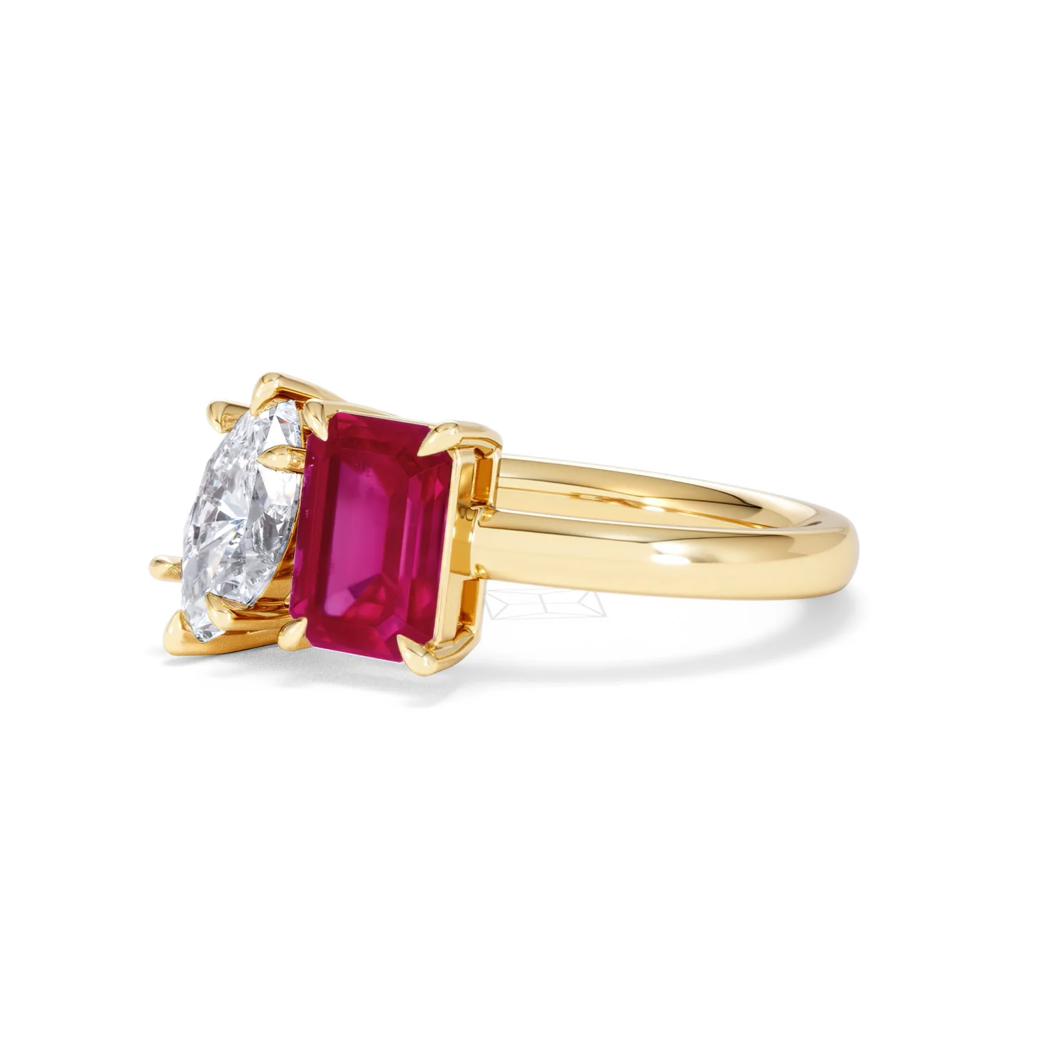 Toi Et Moi 1.50ct Marquise Lab Diamond and 3.30ct Emerald Cut Lab Ruby Engagement Ring in 18K Yellow Gold - Image 80