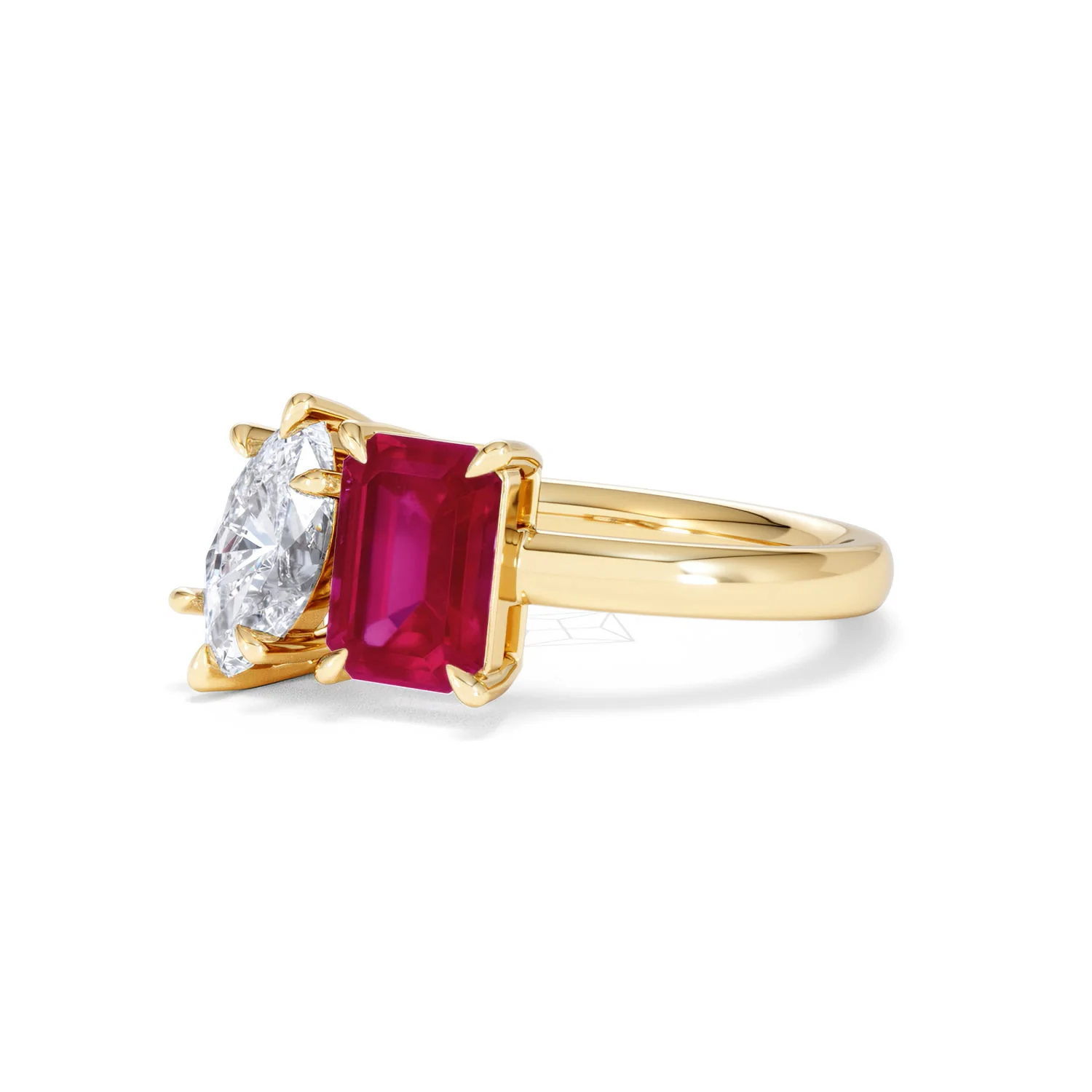 Toi Et Moi 1.50ct Marquise Lab Diamond and 3.30ct Emerald Cut Lab Ruby Engagement Ring in 18K Yellow Gold - Image 81