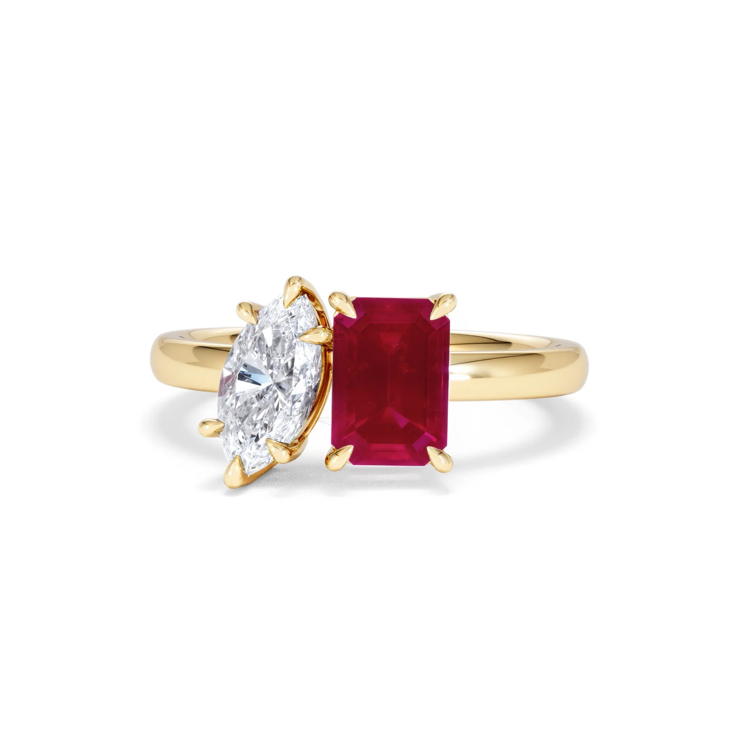 Toi Et Moi 1.50ct Marquise Lab Diamond and 3.30ct Emerald Cut Lab Ruby Engagement Ring in 18K Yellow Gold - Image 87