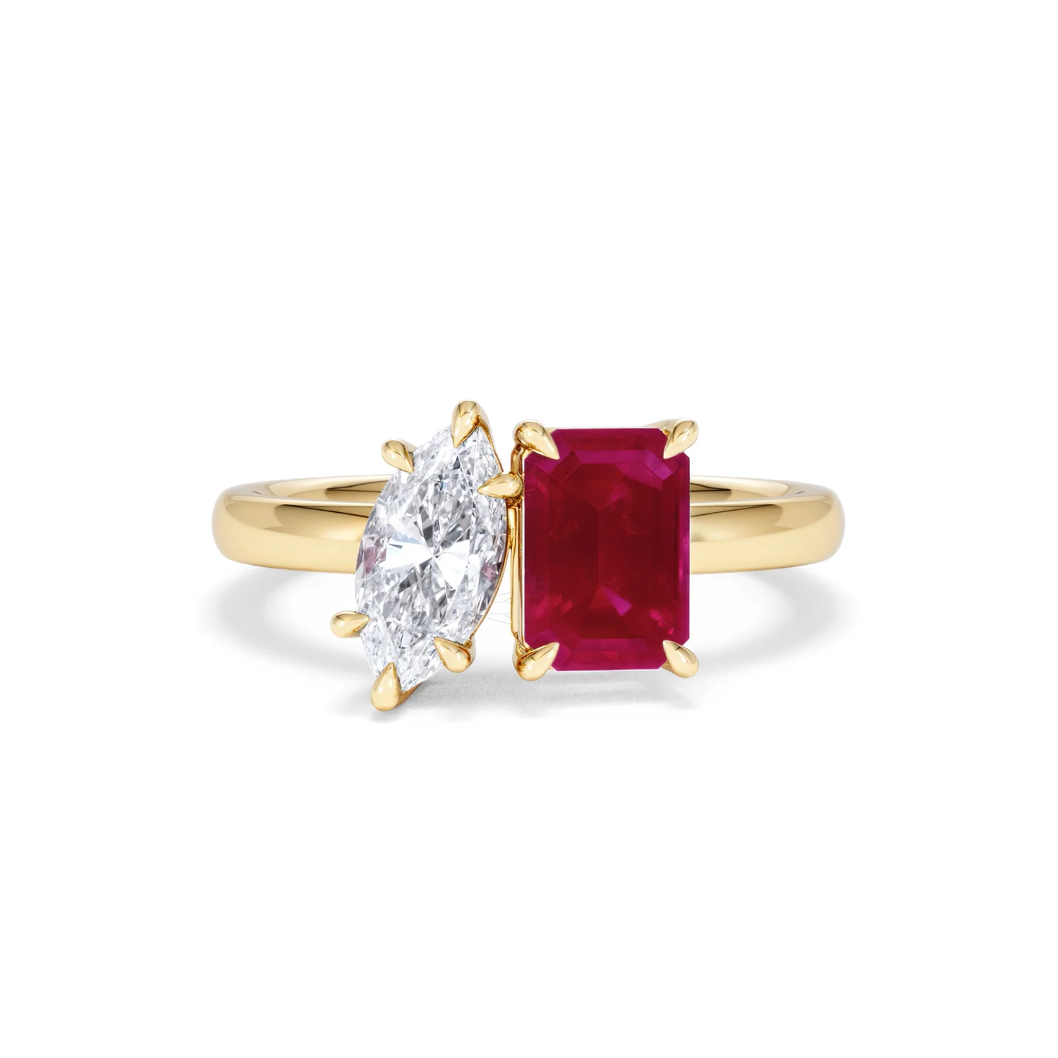 Toi Et Moi 1.50ct Marquise Lab Diamond and 3.30ct Emerald Cut Lab Ruby Engagement Ring in 18K Yellow Gold - Image 9
