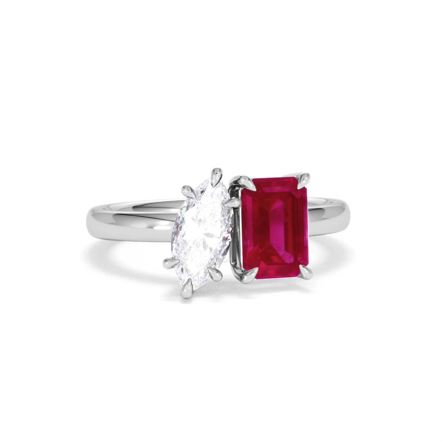 Toi Et Moi 1.50ct Marquise Lab Diamond and 3.30ct Emerald Cut Lab Ruby Engagement Ring in Platinum - Image 11