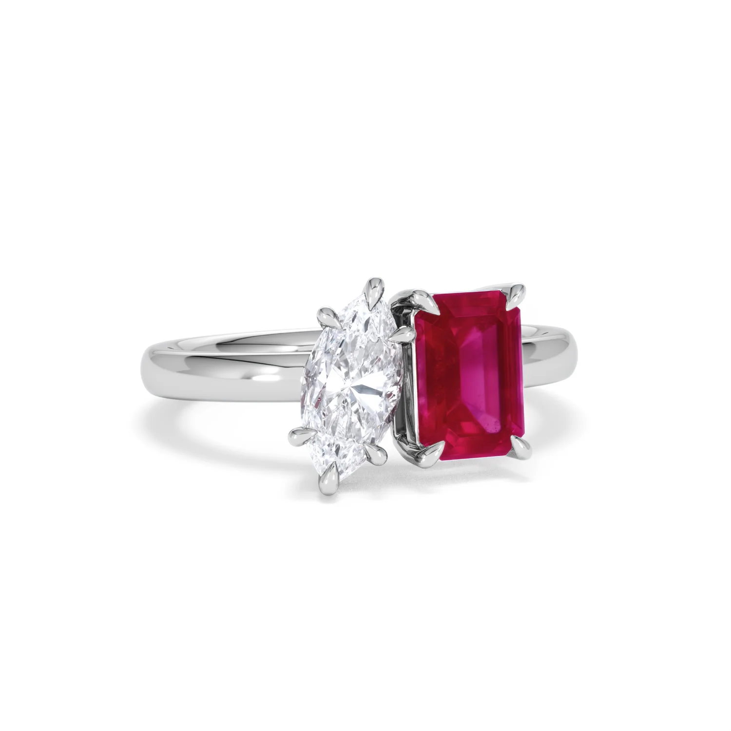 Toi Et Moi 1.50ct Marquise Lab Diamond and 3.30ct Emerald Cut Lab Ruby Engagement Ring in Platinum - Image 12