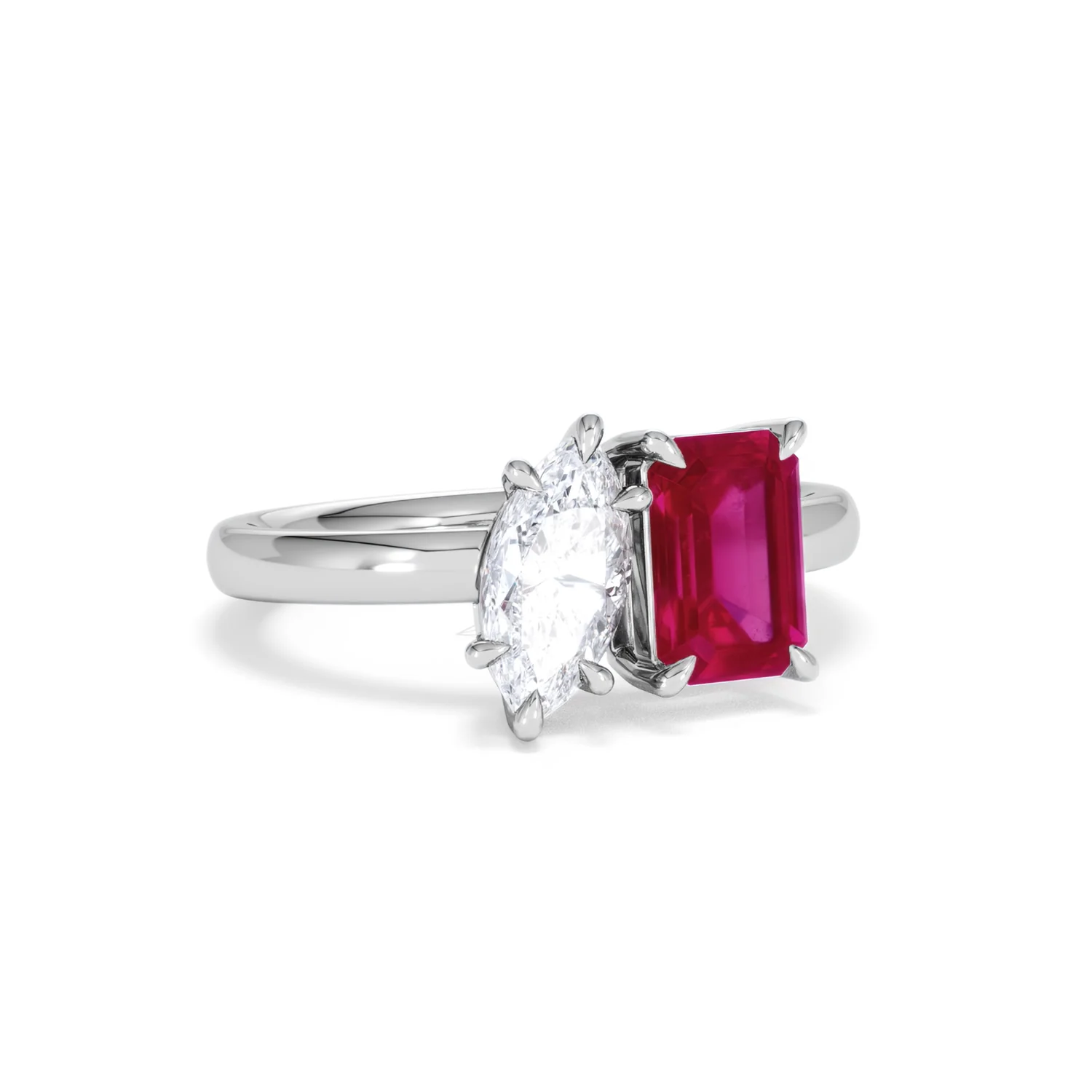 Toi Et Moi 1.50ct Marquise Lab Diamond and 3.30ct Emerald Cut Lab Ruby Engagement Ring in Platinum - Image 13