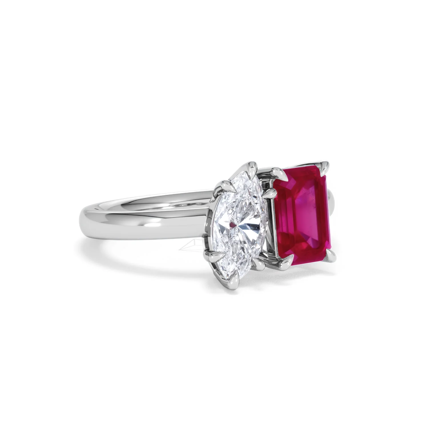 Toi Et Moi 1.50ct Marquise Lab Diamond and 3.30ct Emerald Cut Lab Ruby Engagement Ring in Platinum - Image 15