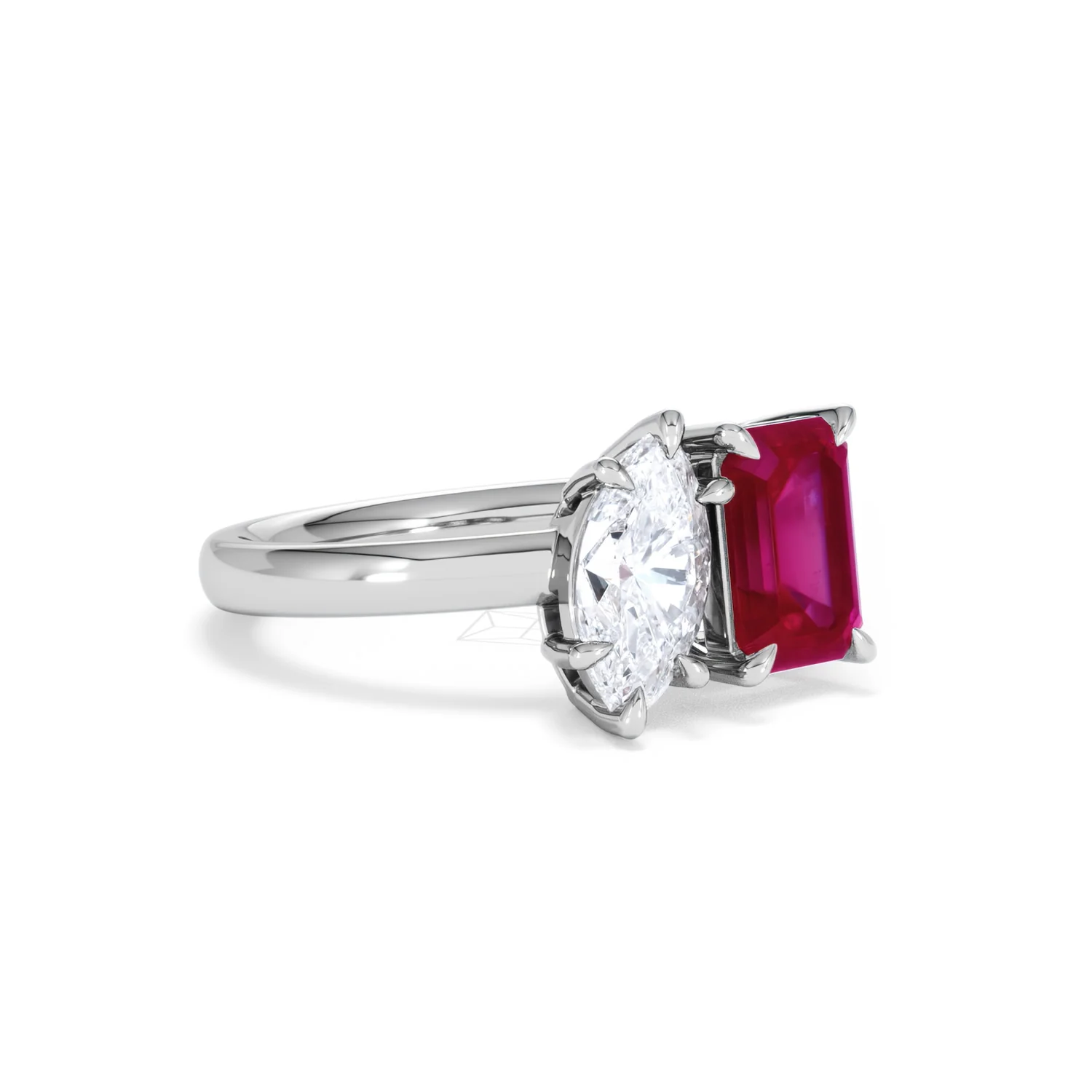 Toi Et Moi 1.50ct Marquise Lab Diamond and 3.30ct Emerald Cut Lab Ruby Engagement Ring in Platinum - Image 16
