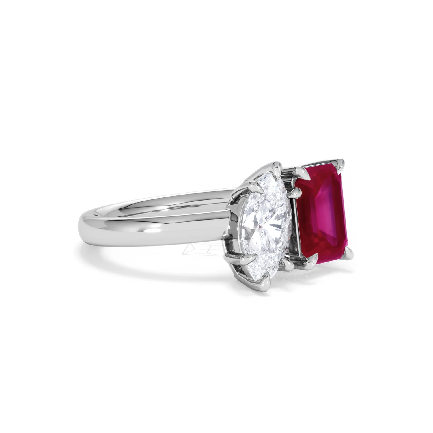 Toi Et Moi 1.50ct Marquise Lab Diamond and 3.30ct Emerald Cut Lab Ruby Engagement Ring in Platinum - Image 17