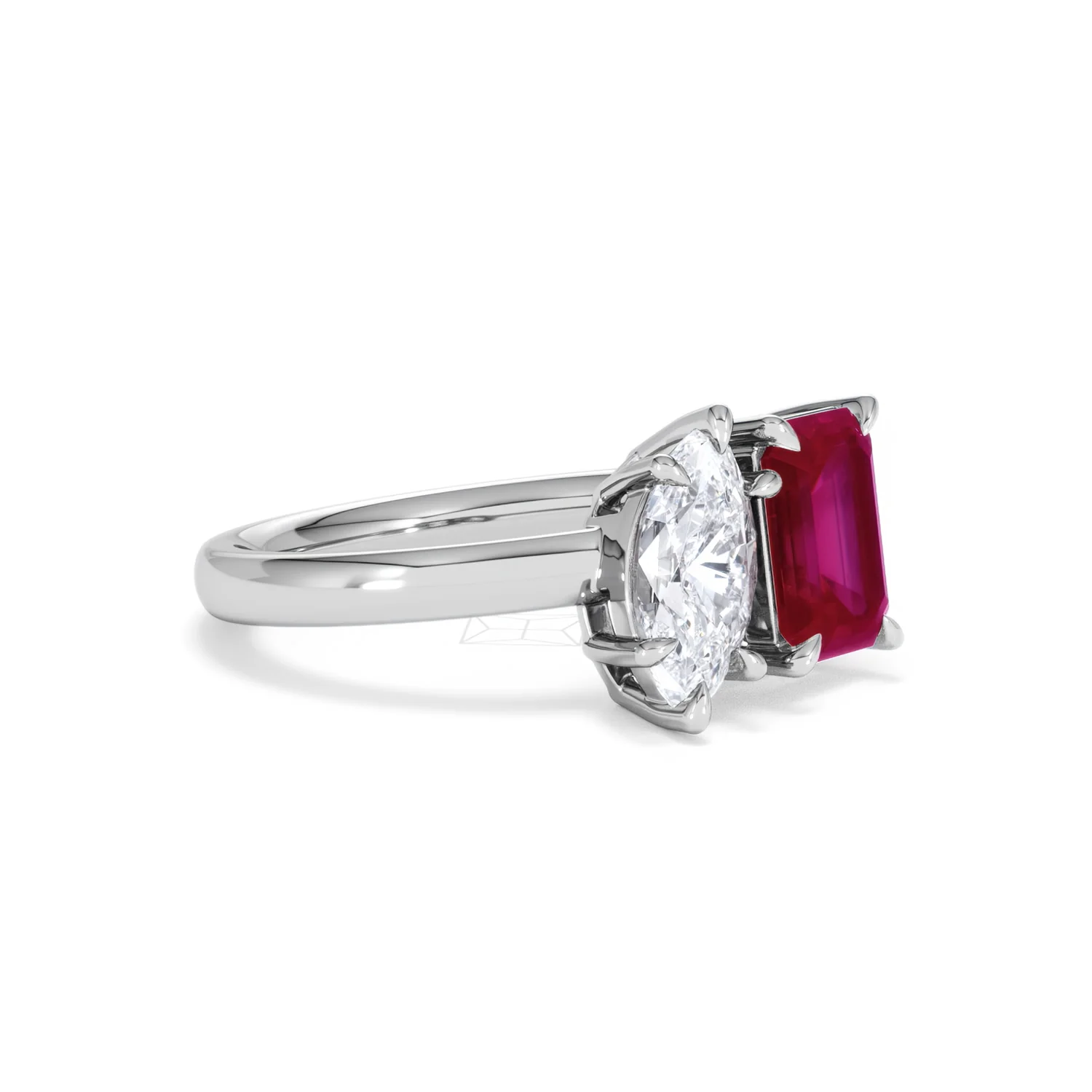 Toi Et Moi 1.50ct Marquise Lab Diamond and 3.30ct Emerald Cut Lab Ruby Engagement Ring in Platinum - Image 18