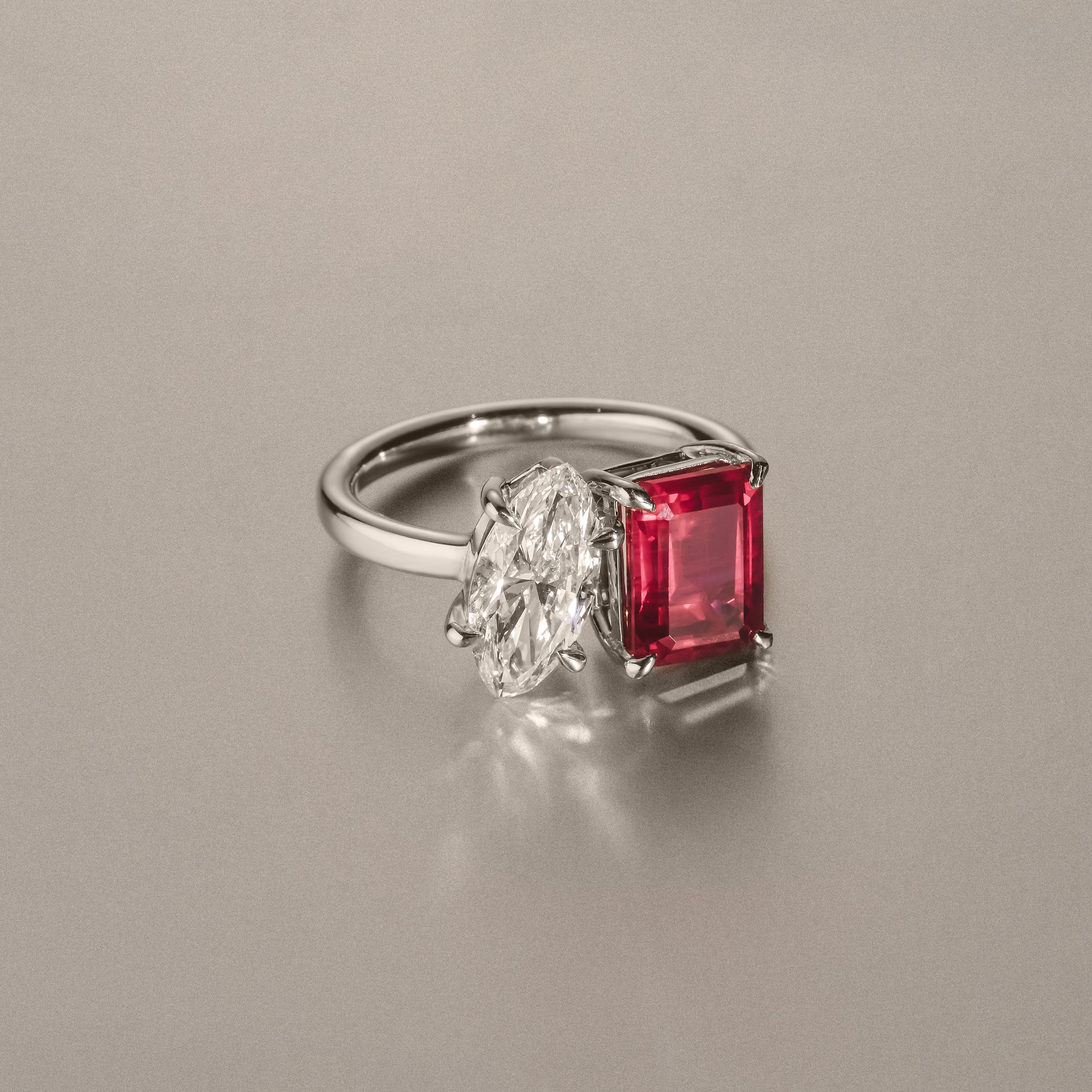 Toi Et Moi 1.50ct Marquise Lab Diamond and 3.30ct Emerald Cut Lab Ruby Engagement Ring in Platinum - Image 6