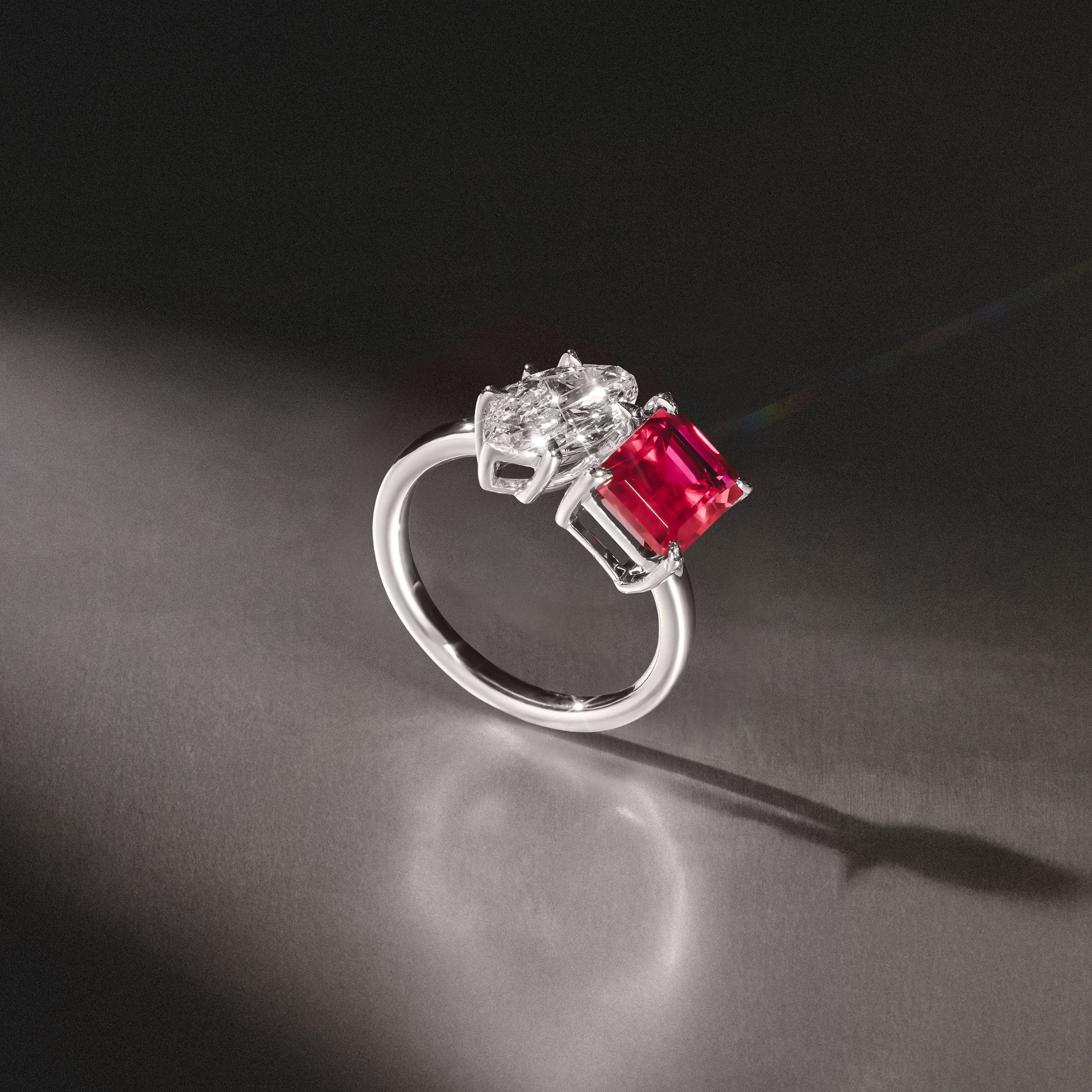 Toi Et Moi 1.50ct Marquise Lab Diamond and 3.30ct Emerald Cut Lab Ruby Engagement Ring in Platinum - Image 8