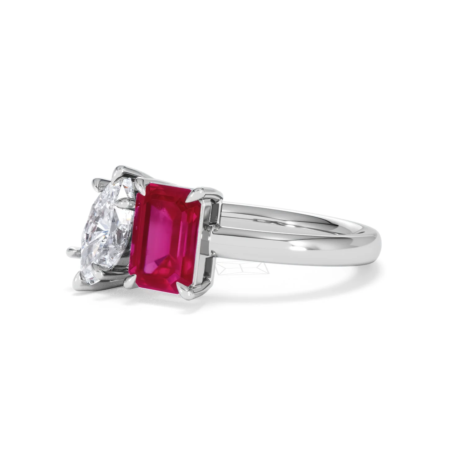 Toi Et Moi 1.50ct Marquise Lab Diamond and 3.30ct Emerald Cut Lab Ruby Engagement Ring in Platinum - Image 80