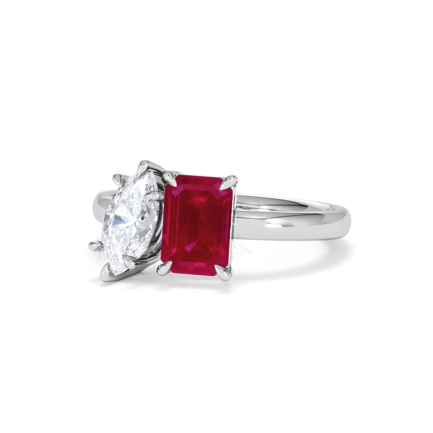 Toi Et Moi 1.50ct Marquise Lab Diamond and 3.30ct Emerald Cut Lab Ruby Engagement Ring in Platinum - Image 84
