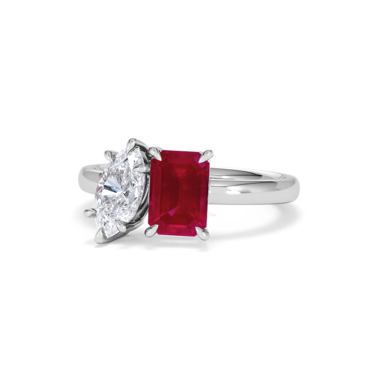 Toi Et Moi 1.50ct Marquise Lab Diamond and 3.30ct Emerald Cut Lab Ruby Engagement Ring in Platinum - Image 85