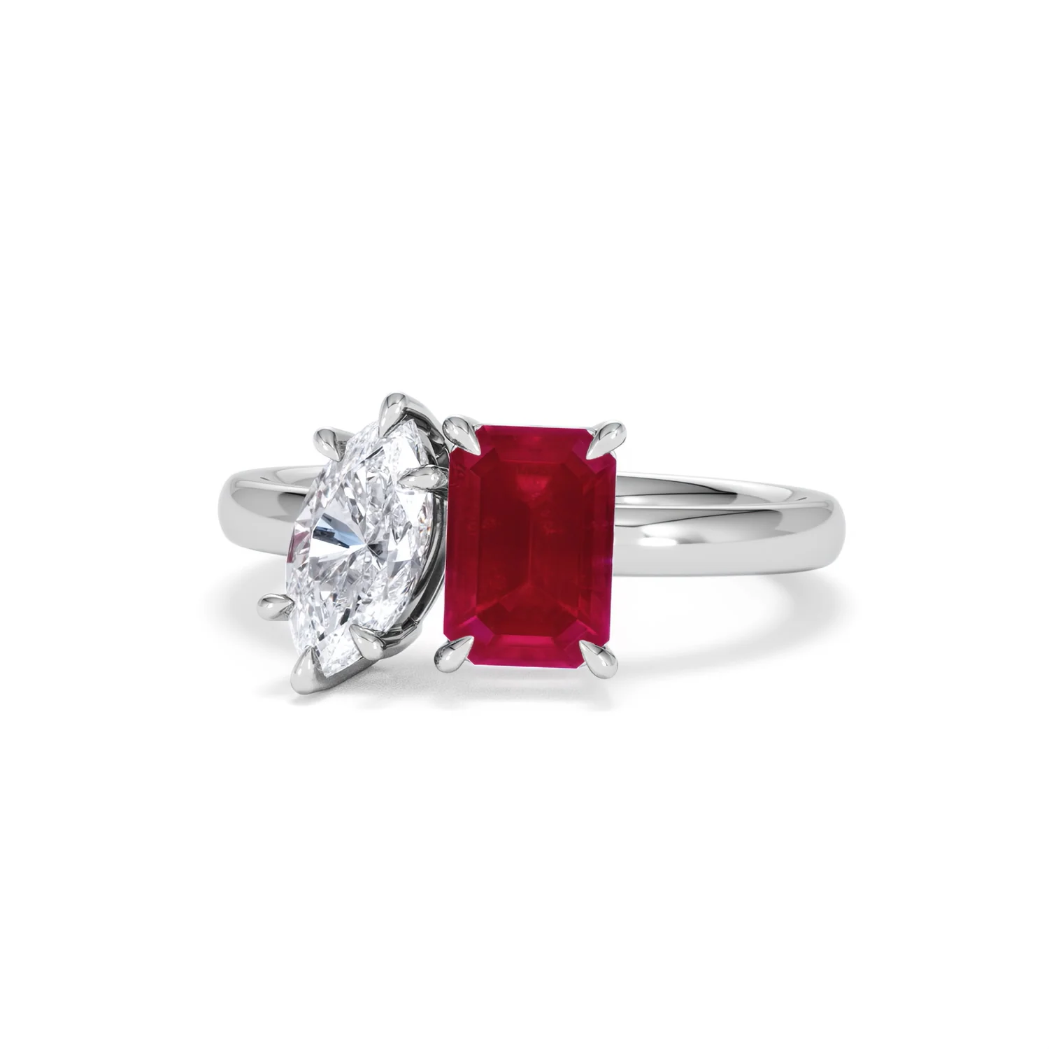 Toi Et Moi 1.50ct Marquise Lab Diamond and 3.30ct Emerald Cut Lab Ruby Engagement Ring in Platinum - Image 86