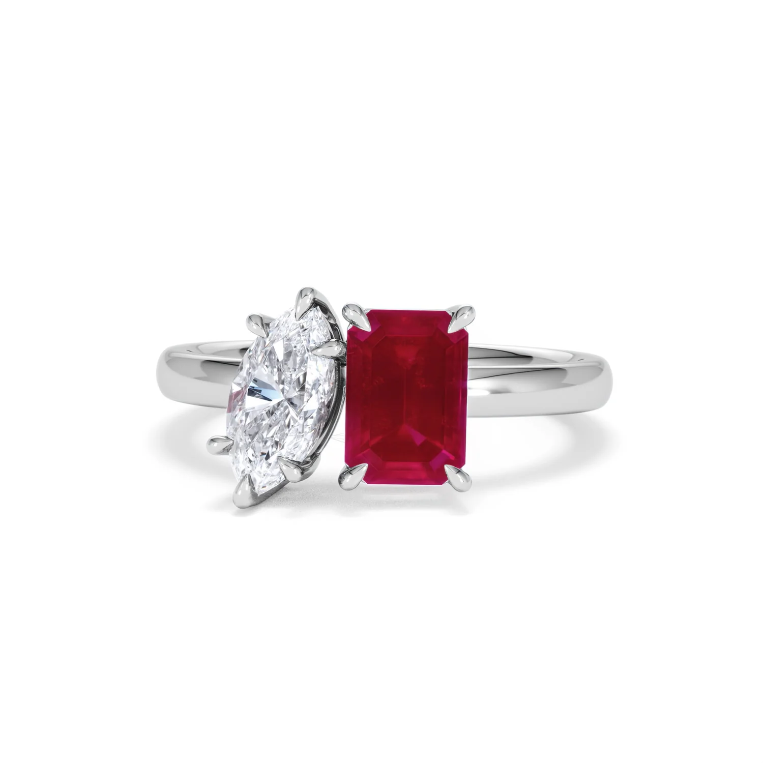 Toi Et Moi 1.50ct Marquise Lab Diamond and 3.30ct Emerald Cut Lab Ruby Engagement Ring in Platinum - Image 87
