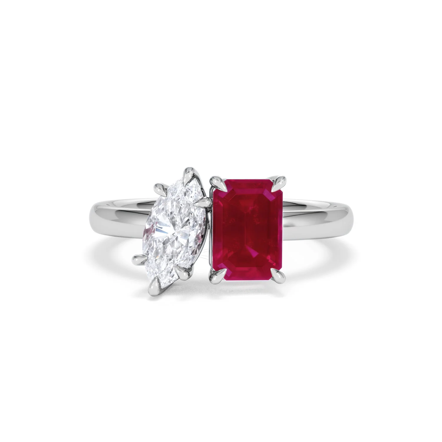 Toi Et Moi 1.50ct Marquise Lab Diamond and 3.30ct Emerald Cut Lab Ruby Engagement Ring in Platinum - Image 88