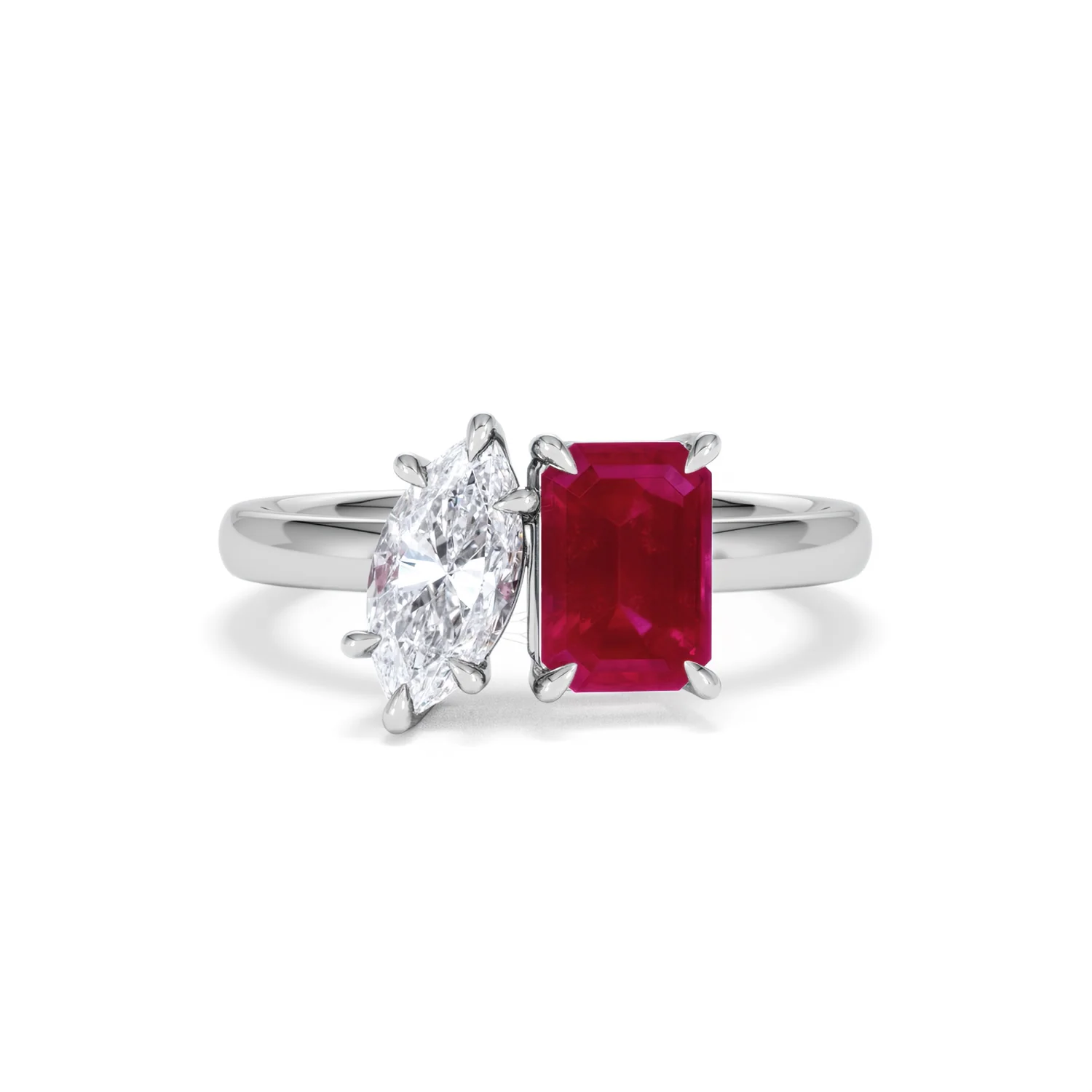 Toi Et Moi 1.50ct Marquise Lab Diamond and 3.30ct Emerald Cut Lab Ruby Engagement Ring in Platinum - Image 9