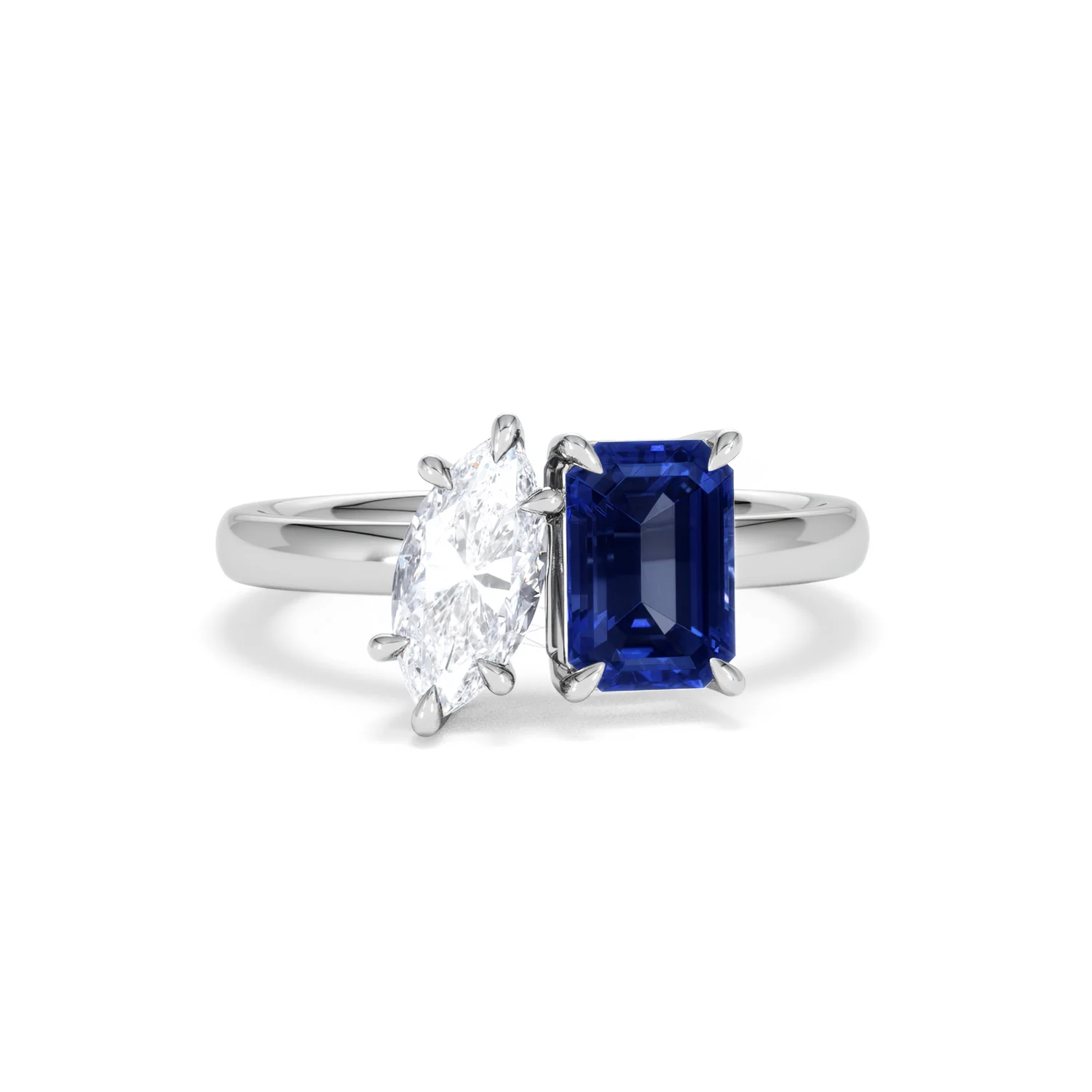 Toi Et Moi 1.50ct Marquise Lab Diamond and 3.30ct Emerald Cut Lab Sapphire Engagement Ring in Platinum - Image 10