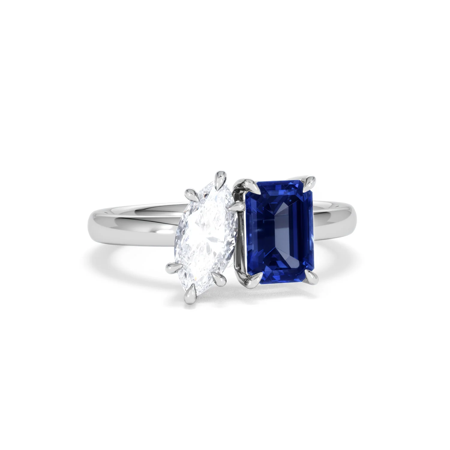 Toi Et Moi 1.50ct Marquise Lab Diamond and 3.30ct Emerald Cut Lab Sapphire Engagement Ring in Platinum - Image 11