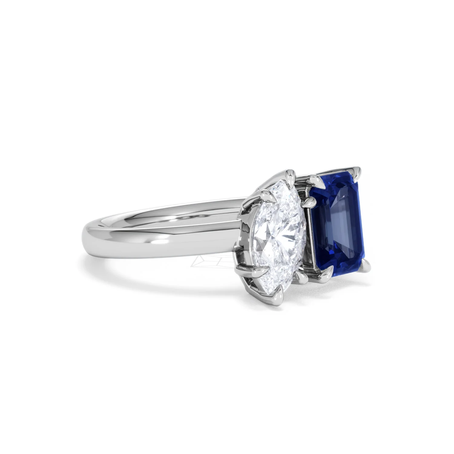 Toi Et Moi 1.50ct Marquise Lab Diamond and 3.30ct Emerald Cut Lab Sapphire Engagement Ring in Platinum - Image 17