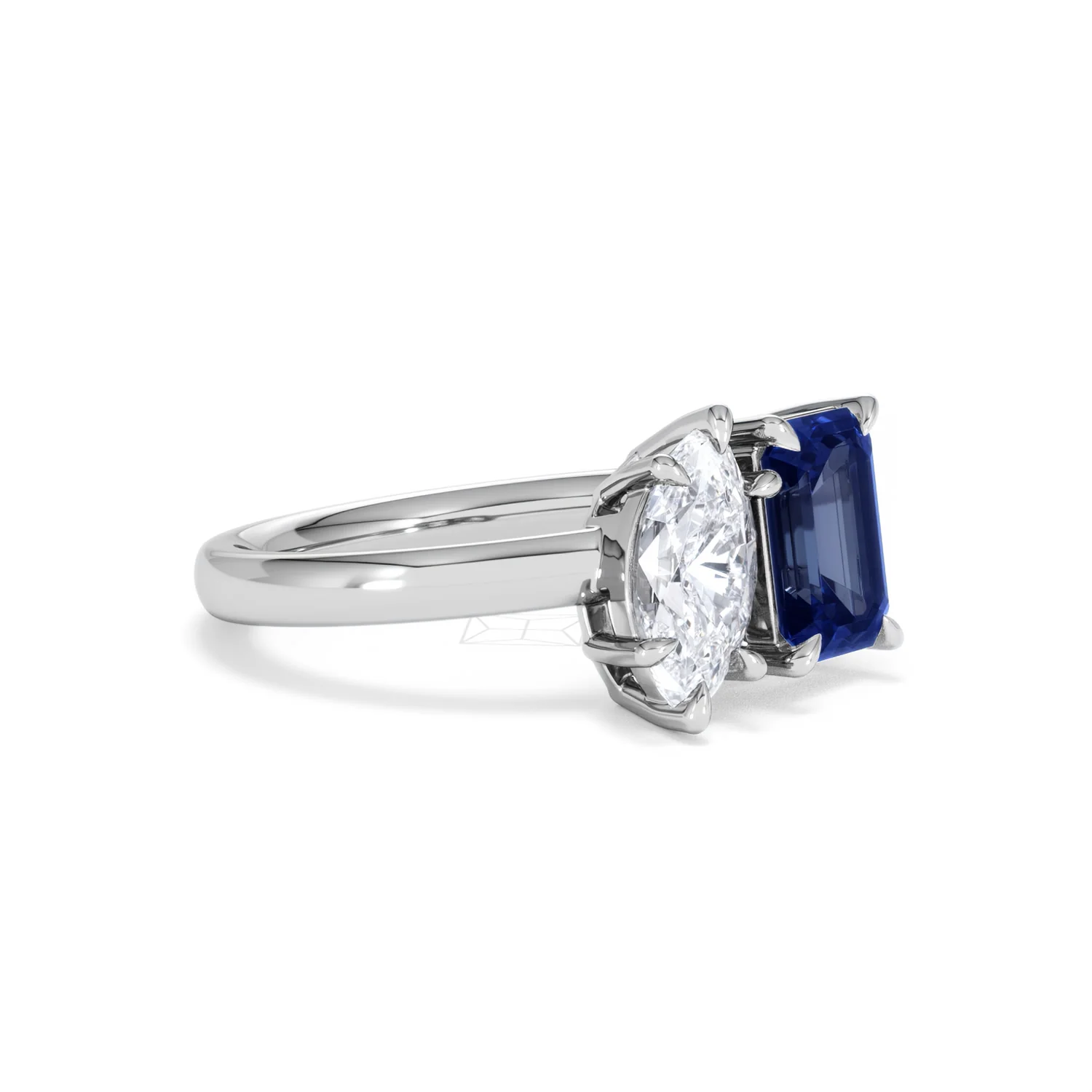Toi Et Moi 1.50ct Marquise Lab Diamond and 3.30ct Emerald Cut Lab Sapphire Engagement Ring in Platinum - Image 18