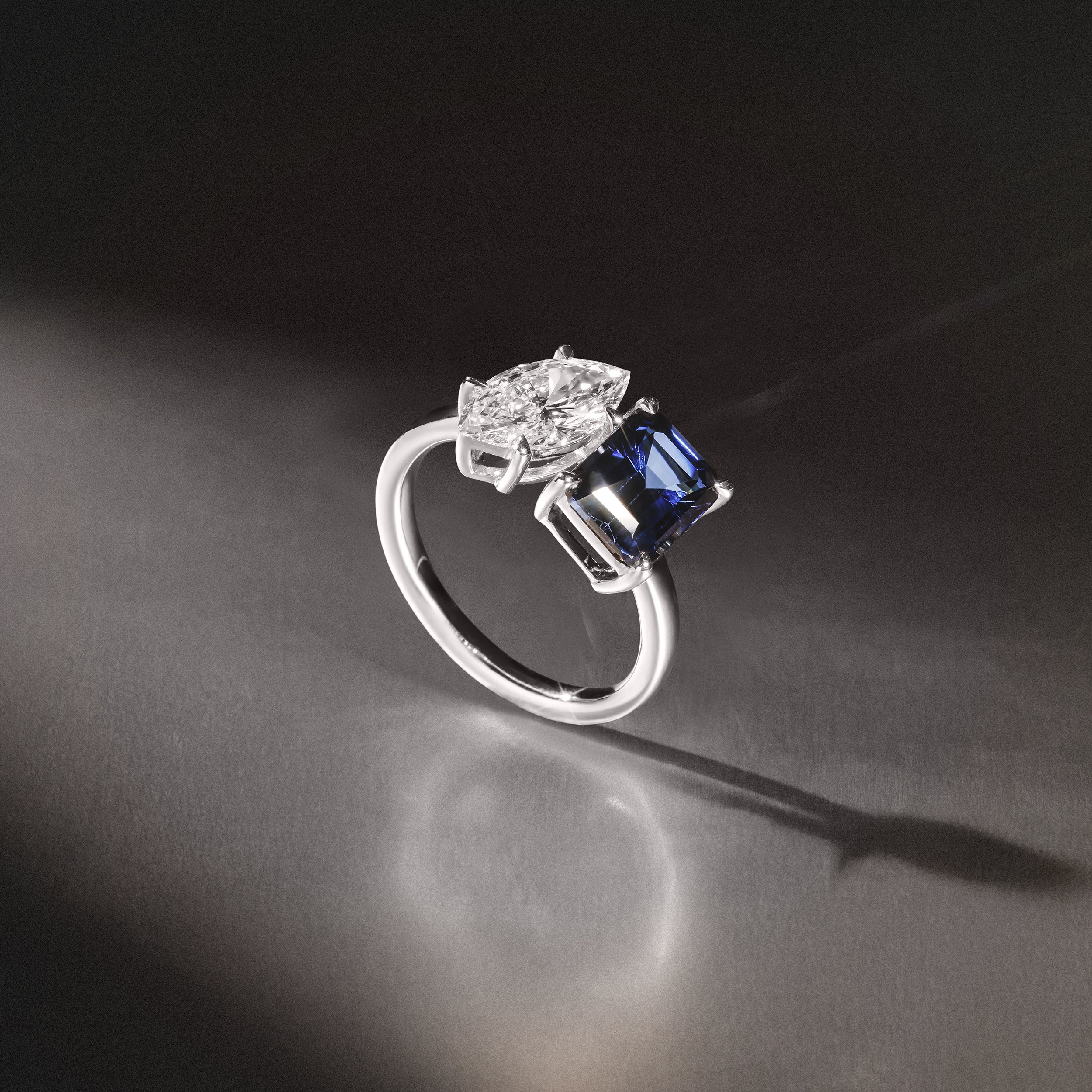 Toi Et Moi 1.50ct Marquise Lab Diamond and 3.30ct Emerald Cut Lab Sapphire Engagement Ring in Platinum - Image 8