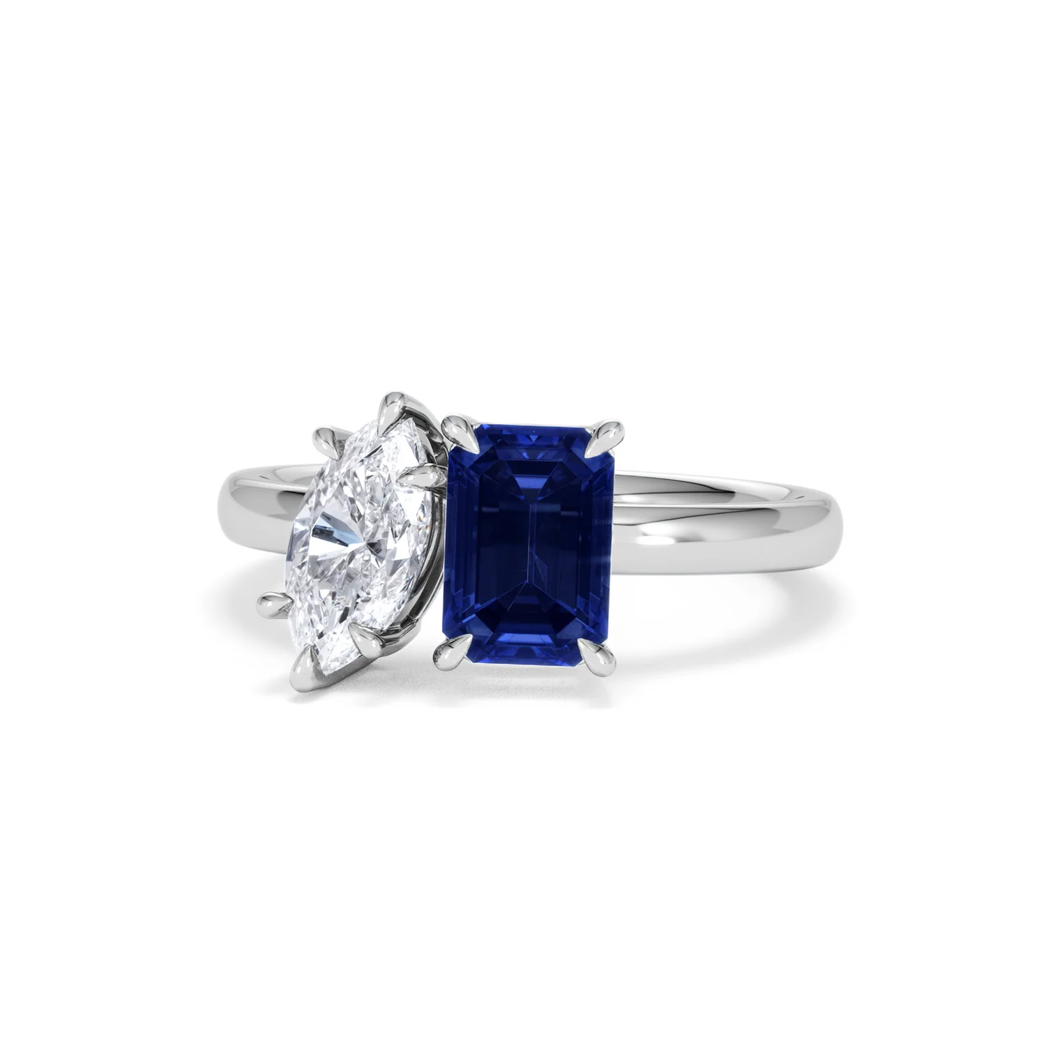 Toi Et Moi 1.50ct Marquise Lab Diamond and 3.30ct Emerald Cut Lab Sapphire Engagement Ring in Platinum - Image 86