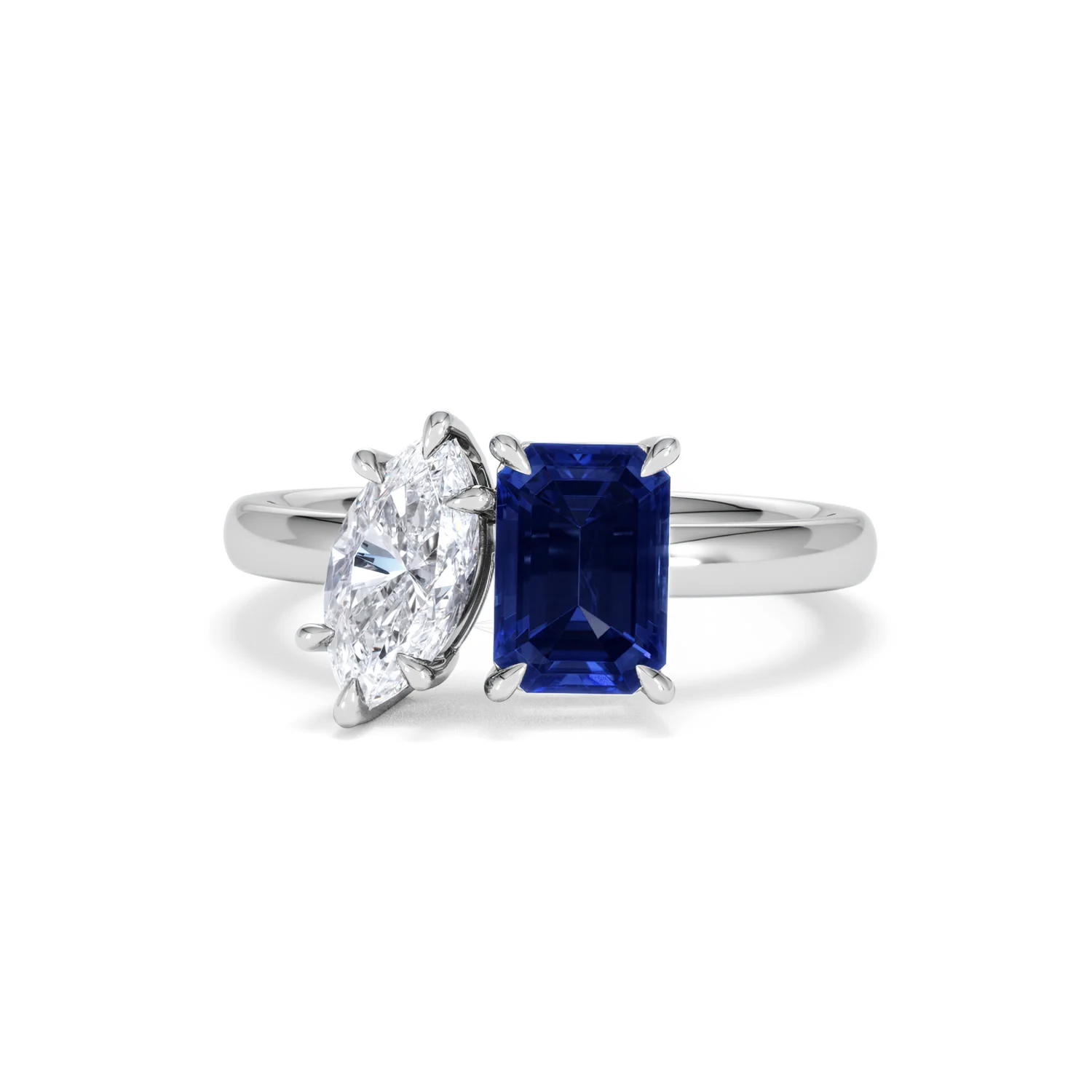 Toi Et Moi 1.50ct Marquise Lab Diamond and 3.30ct Emerald Cut Lab Sapphire Engagement Ring in Platinum - Image 87