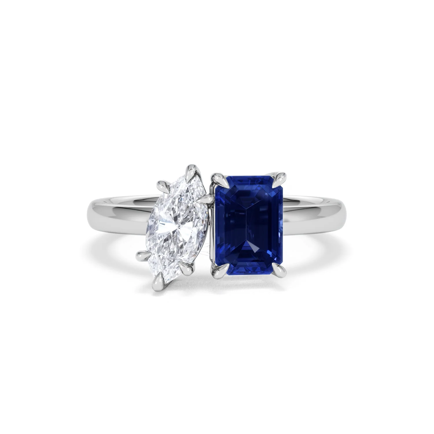 Toi Et Moi 1.50ct Marquise Lab Diamond and 3.30ct Emerald Cut Lab Sapphire Engagement Ring in Platinum - Image 9