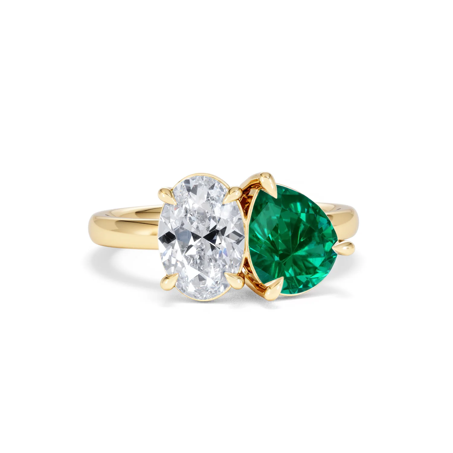 Toi Et Moi 1.50ct Oval Lab Diamond and 2.00ct Pear Lab Emerald Engagement Ring in 18K Yellow Gold - Image 10