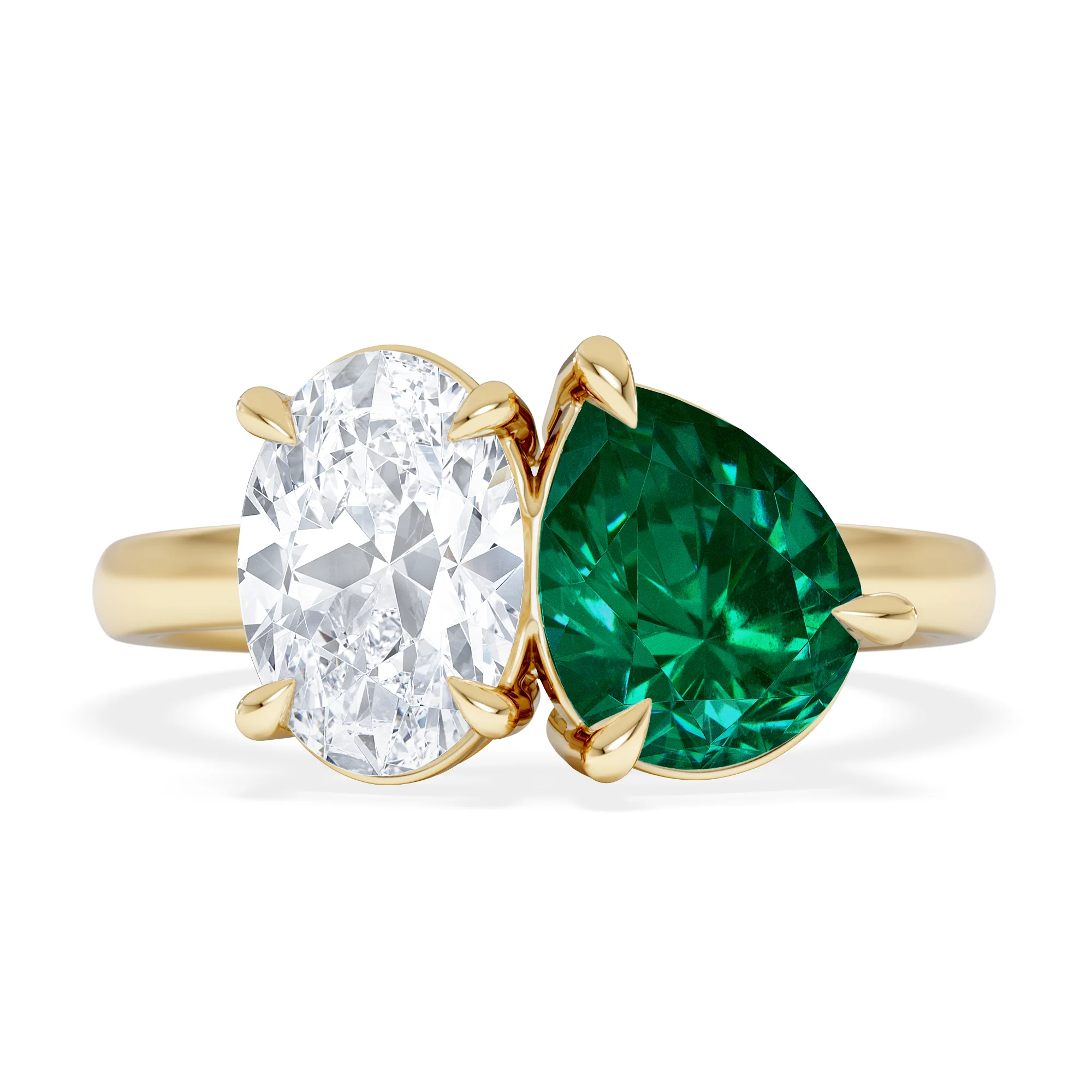 Toi Et Moi 1.50ct Oval Lab Diamond and 2.00ct Pear Lab Emerald Engagement Ring in 18K Yellow Gold - Image 7