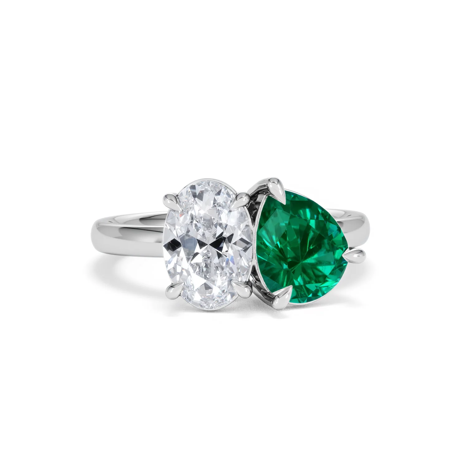 Toi Et Moi 1.50ct Oval Lab Diamond and 2.00ct Pear Lab Emerald Engagement Ring in Platinum - Image 10