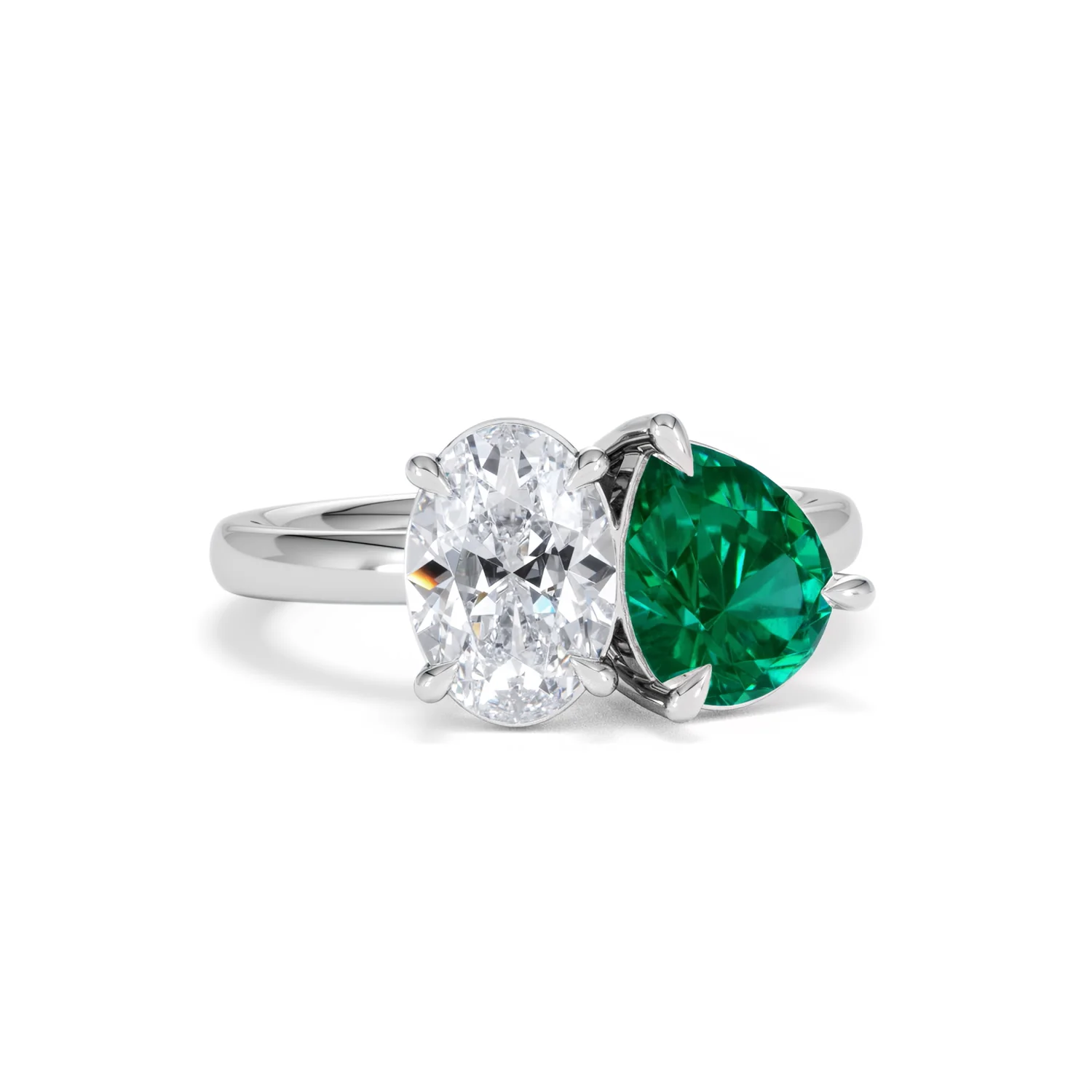 Toi Et Moi 1.50ct Oval Lab Diamond and 2.00ct Pear Lab Emerald Engagement Ring in Platinum - Image 11