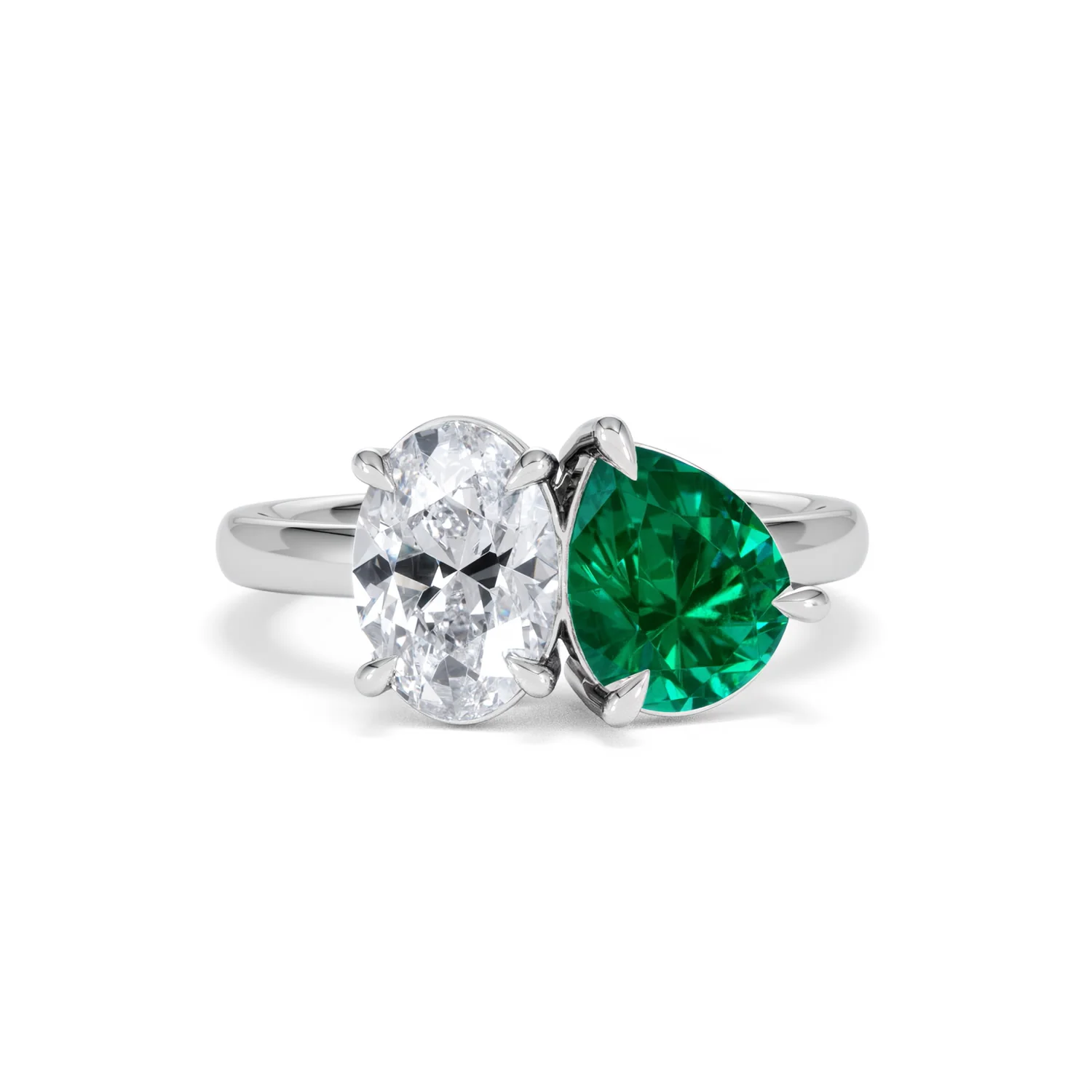 Toi Et Moi 1.50ct Oval Lab Diamond and 2.00ct Pear Lab Emerald Engagement Ring in Platinum - Image 9