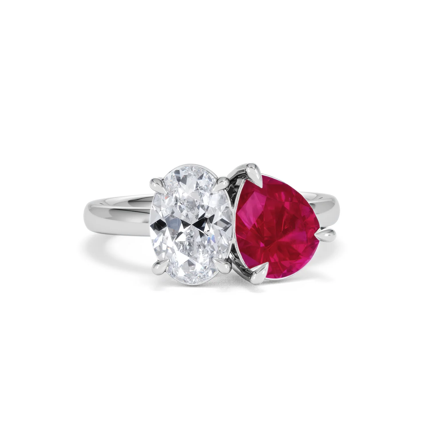Toi Et Moi 1.50ct Oval Lab Diamond and 2.00ct Pear Lab Ruby Engagement Ring in Platinum - Image 11