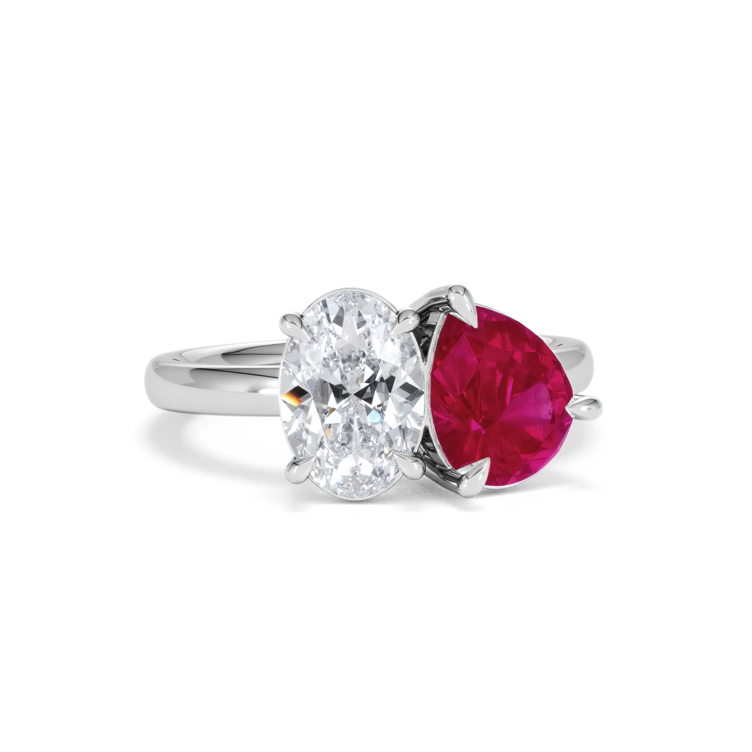 Toi Et Moi 1.50ct Oval Lab Diamond and 2.00ct Pear Lab Ruby Engagement Ring in Platinum - Image 12