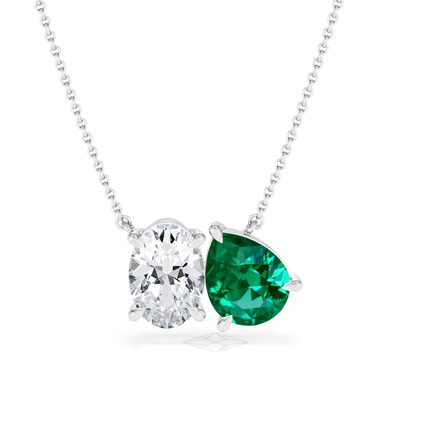 Toi Et Moi 1.50ct Oval Lab Diamond and 2.50ct Pear Lab Emerald Necklace in 18K White Gold - Image 7