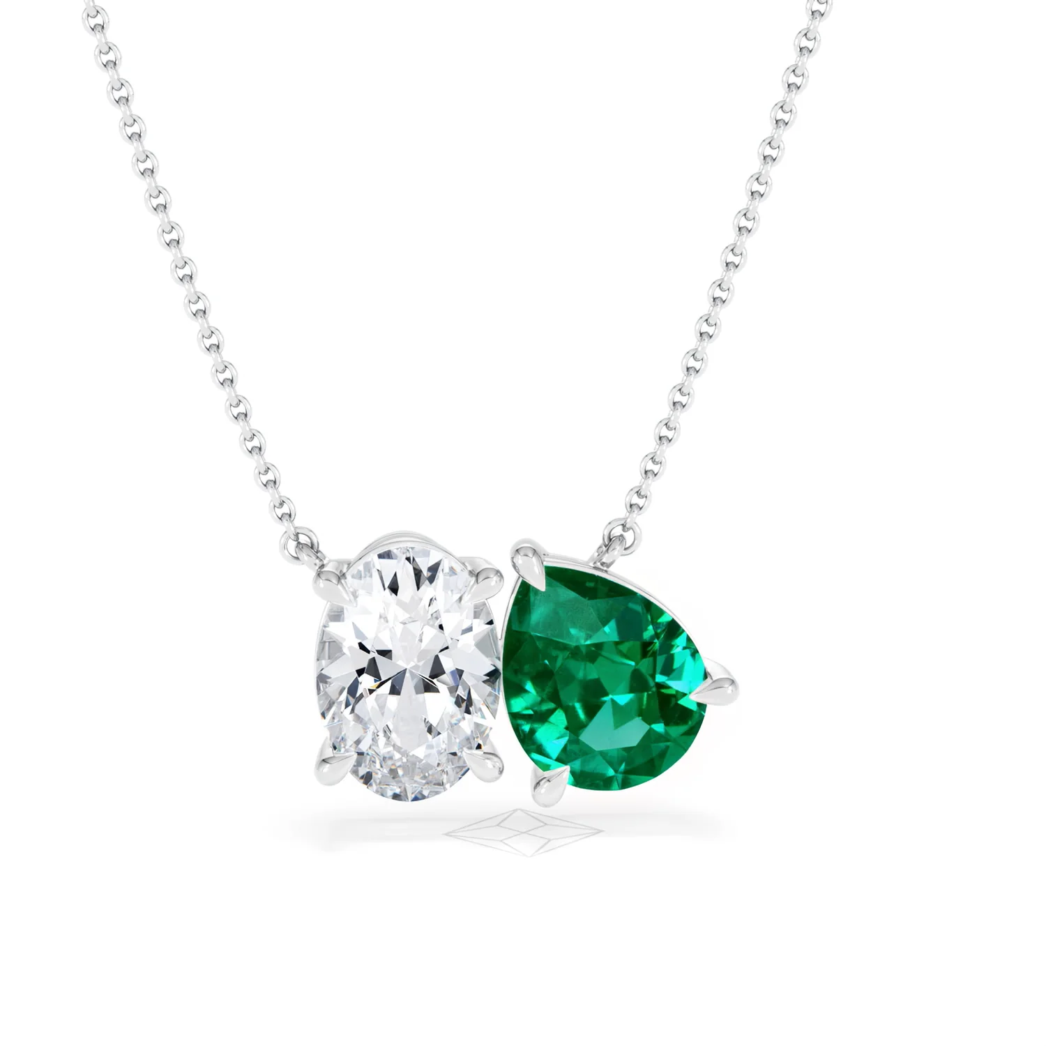 Toi Et Moi 1.50ct Oval Lab Diamond and 2.50ct Pear Lab Emerald Necklace in 18K White Gold - Image 8