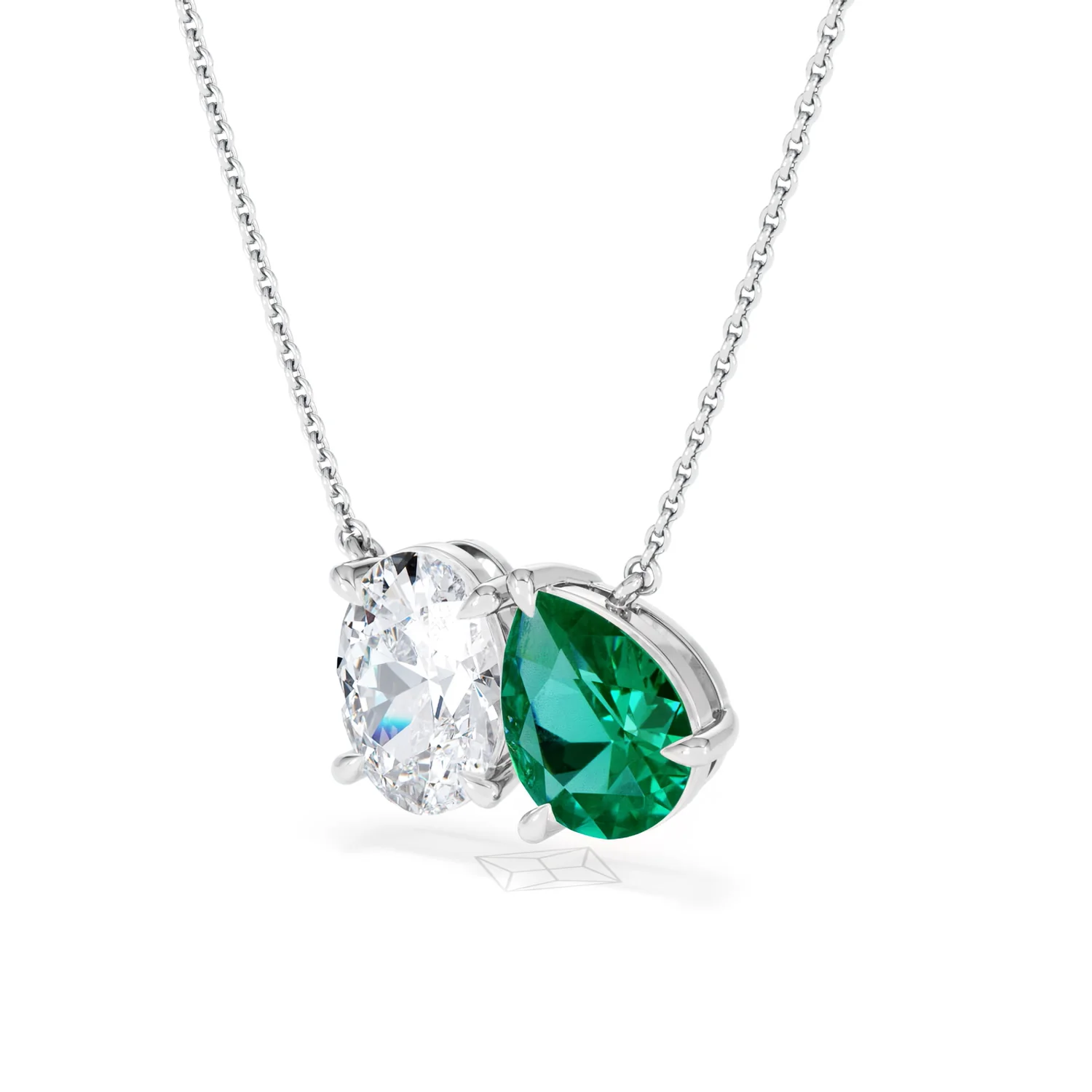 Toi Et Moi 1.50ct Oval Lab Diamond and 2.50ct Pear Lab Emerald Necklace in 18K White Gold - Image 80