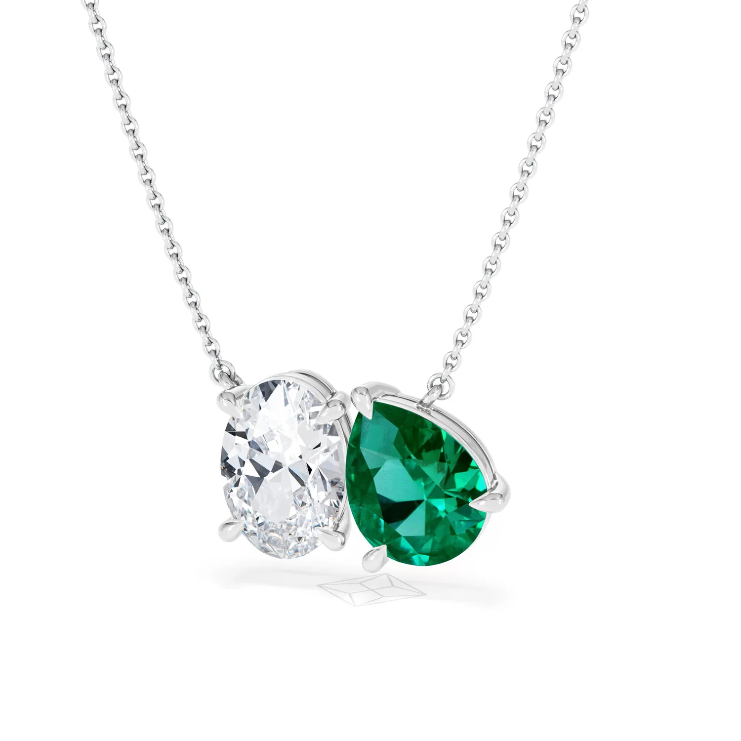 Toi Et Moi 1.50ct Oval Lab Diamond and 2.50ct Pear Lab Emerald Necklace in 18K White Gold - Image 83