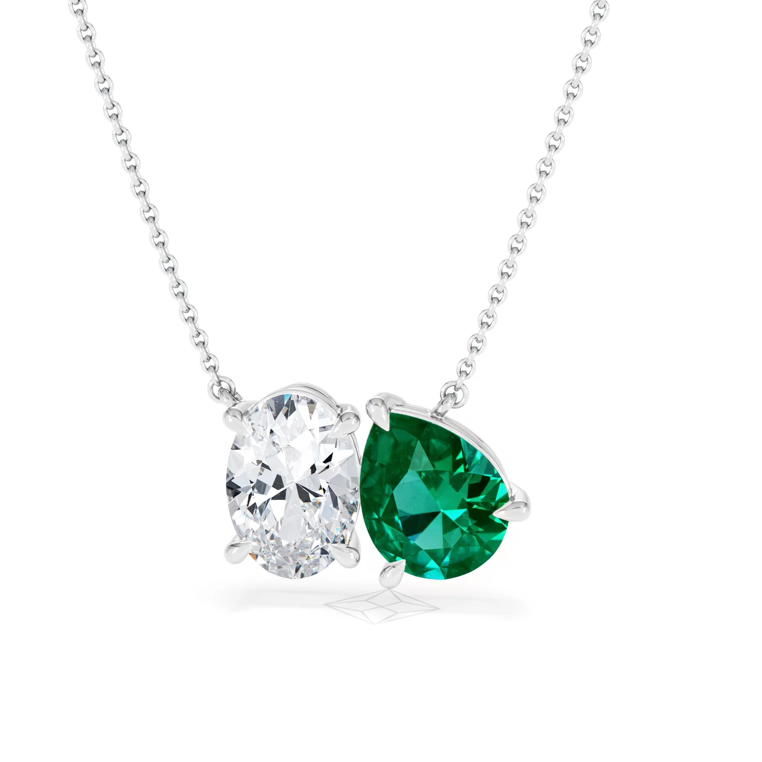 Toi Et Moi 1.50ct Oval Lab Diamond and 2.50ct Pear Lab Emerald Necklace in 18K White Gold - Image 85