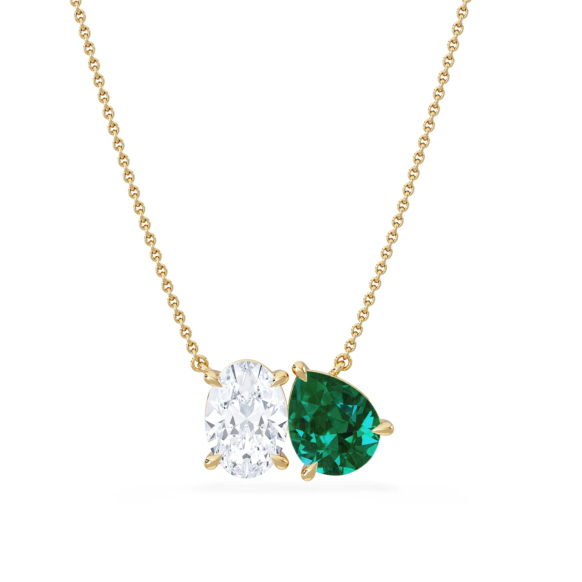 Toi Et Moi 1.50ct Oval Lab Diamond and 2.50ct Pear Lab Emerald Necklace in 18K Yellow Gold - Image 3