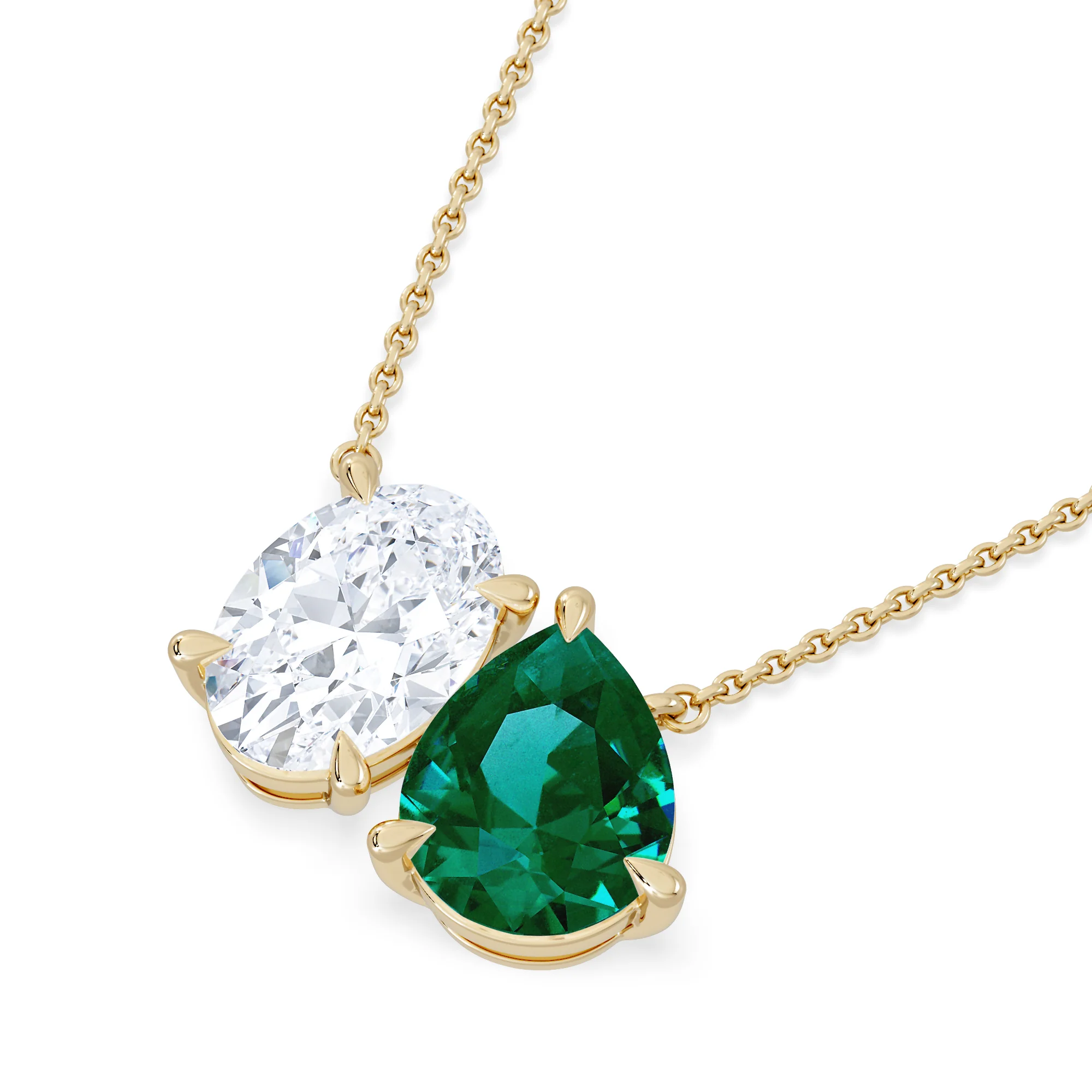 Toi Et Moi 1.50ct Oval Lab Diamond and 2.50ct Pear Lab Emerald Necklace in 18K Yellow Gold - Image 5