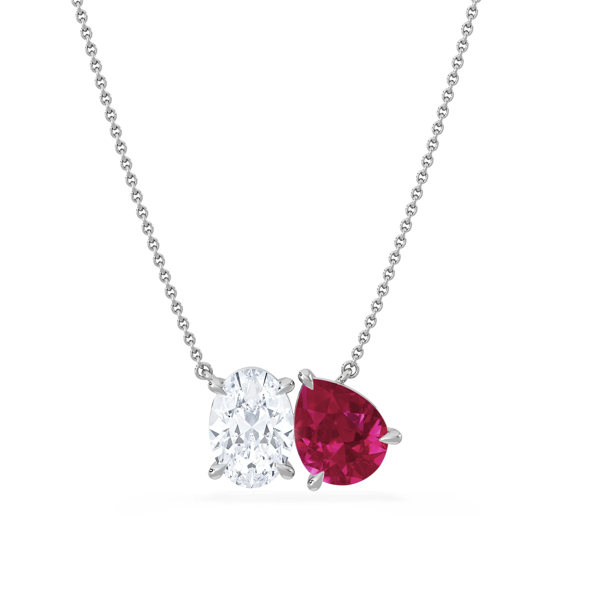 Toi Et Moi 1.50ct Oval Lab Diamond and 2.50ct Pear Lab Ruby Necklace in 18K White Gold - Image 3