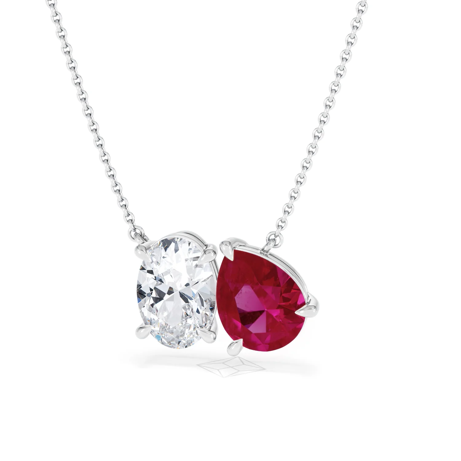 Toi Et Moi 1.50ct Oval Lab Diamond and 2.50ct Pear Lab Ruby Necklace in 18K White Gold - Image 84