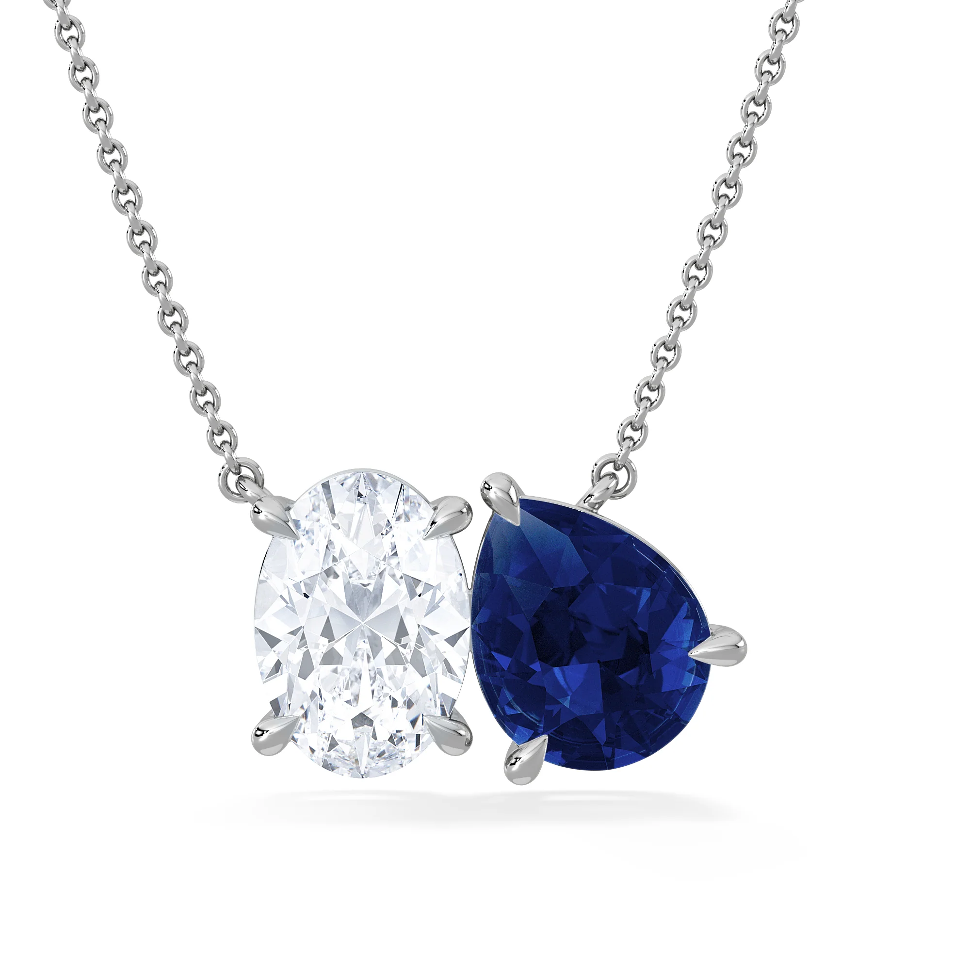 Toi Et Moi 1.50ct Oval Lab Diamond and 2.50ct Pear Lab Sapphire Necklace in 18K White Gold