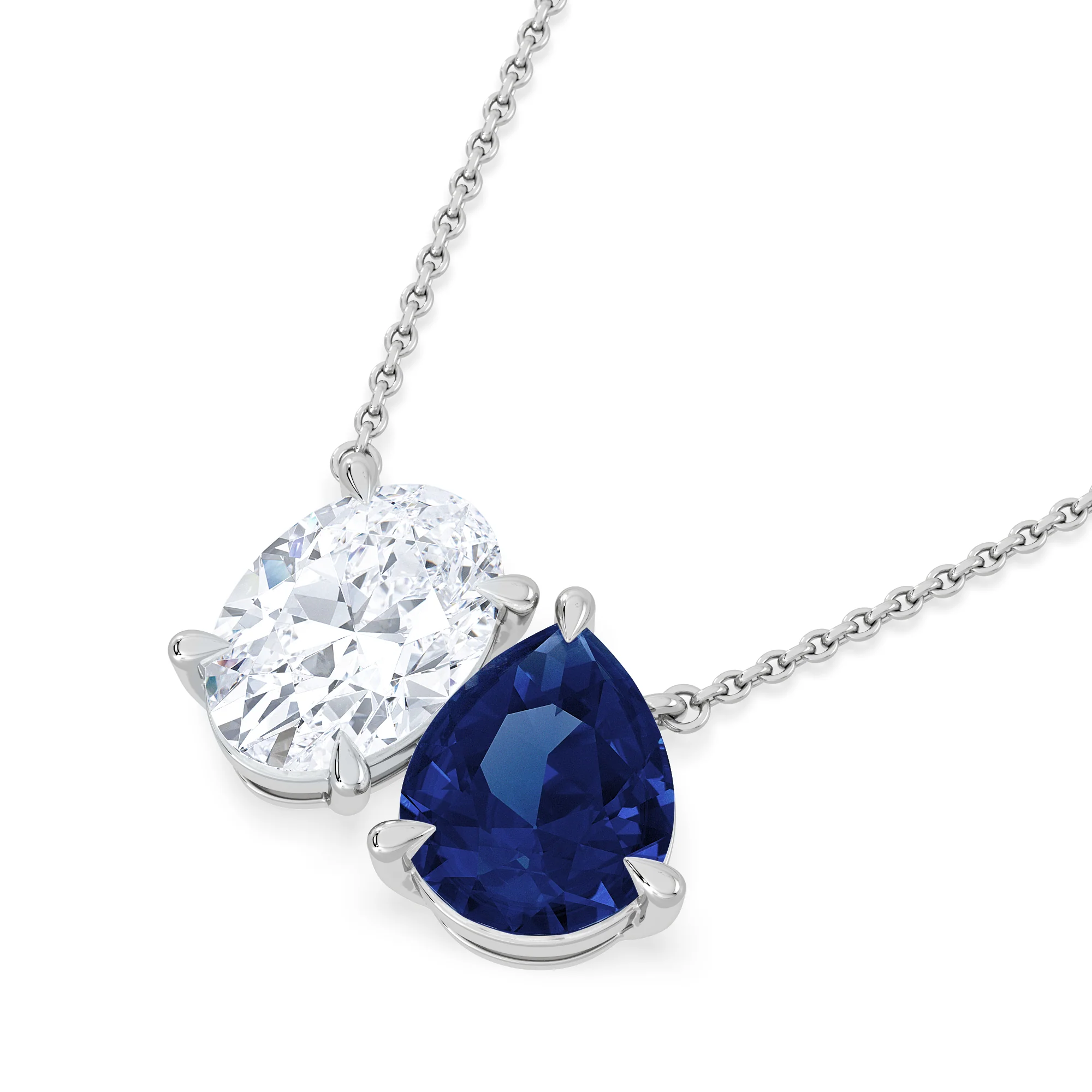 Toi Et Moi 1.50ct Oval Lab Diamond and 2.50ct Pear Lab Sapphire Necklace in 18K White Gold - Image 5