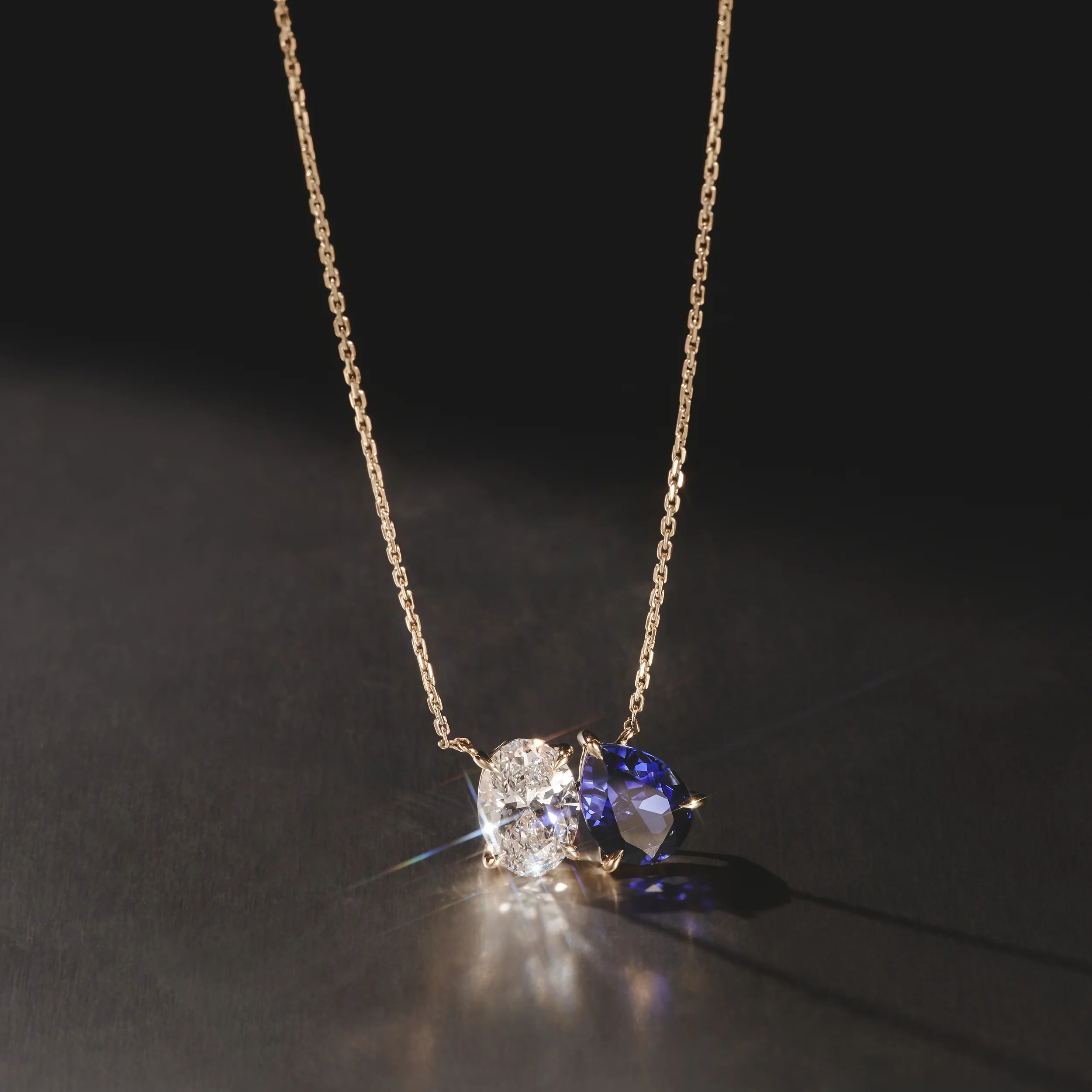 Toi Et Moi 1.50ct Oval Lab Diamond and 2.50ct Pear Lab Sapphire Necklace in 18K Yellow Gold - Image 8