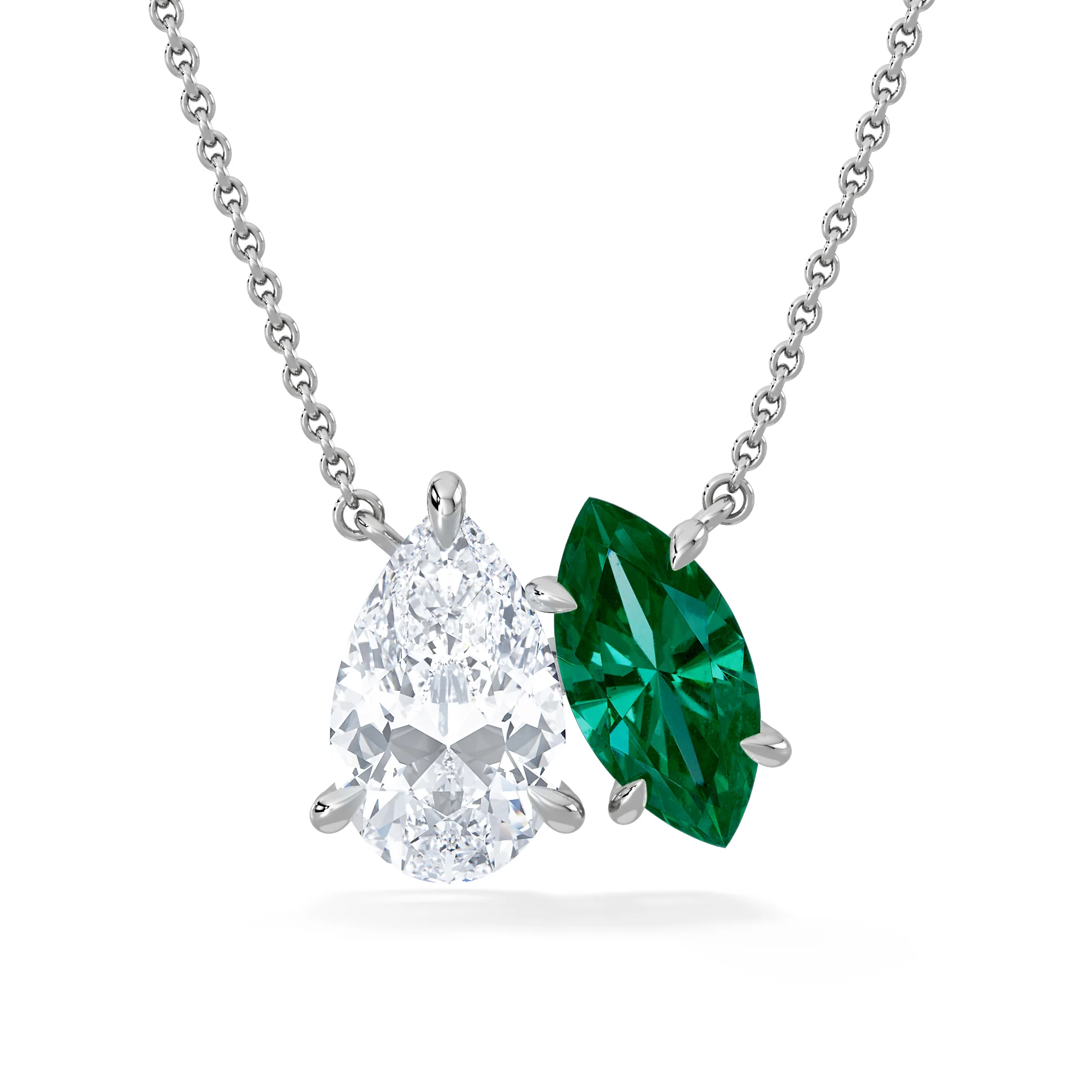 Toi Et Moi 1.50ct Pear Lab Diamond and 1.30ct Marquise Lab Emerald Necklace in 18K White Gold